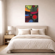Unframed poster print of Paul Klee's Three Flowers displayed on a wall in a bedroom