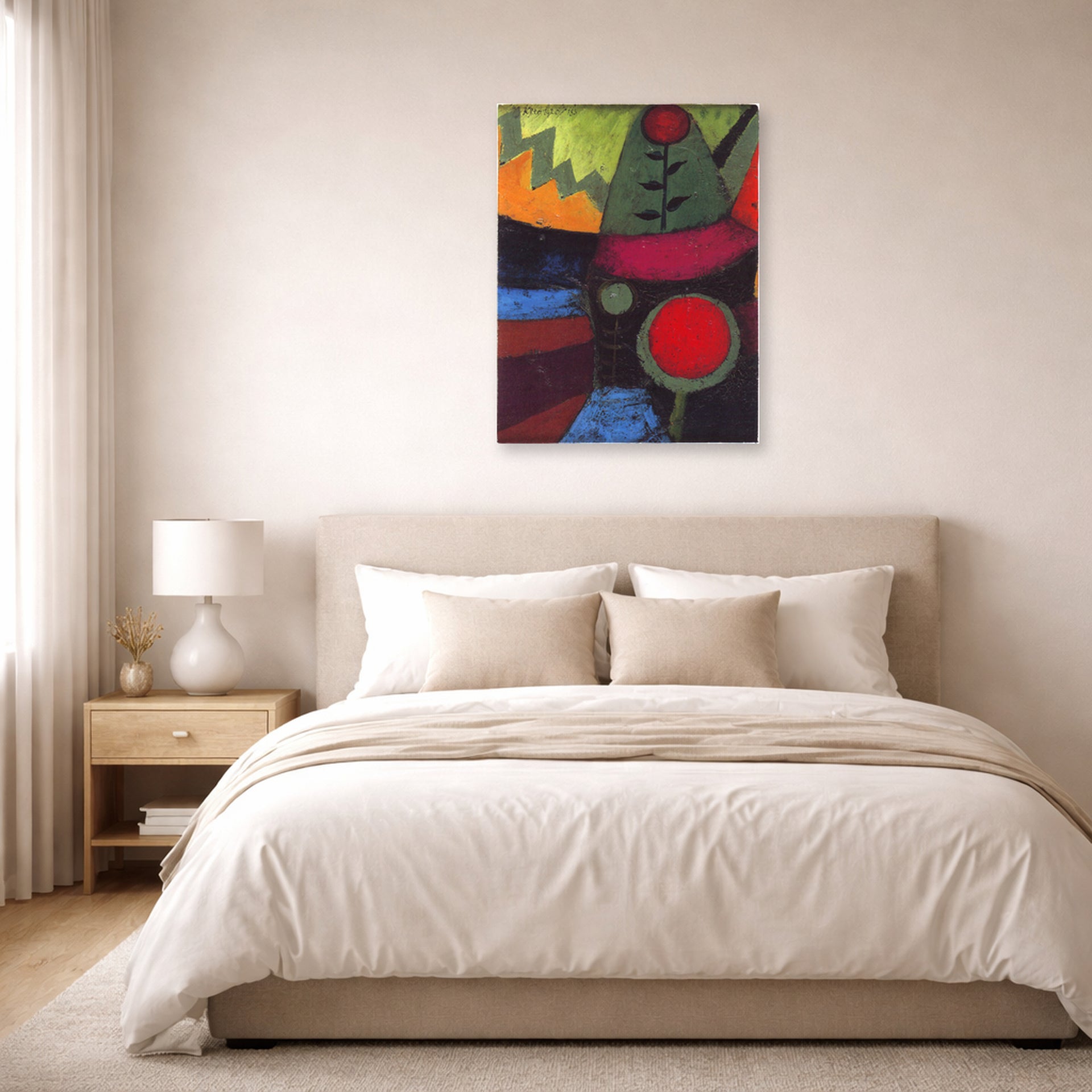 Unframed poster print of Paul Klee's Three Flowers displayed on a wall in a bedroom