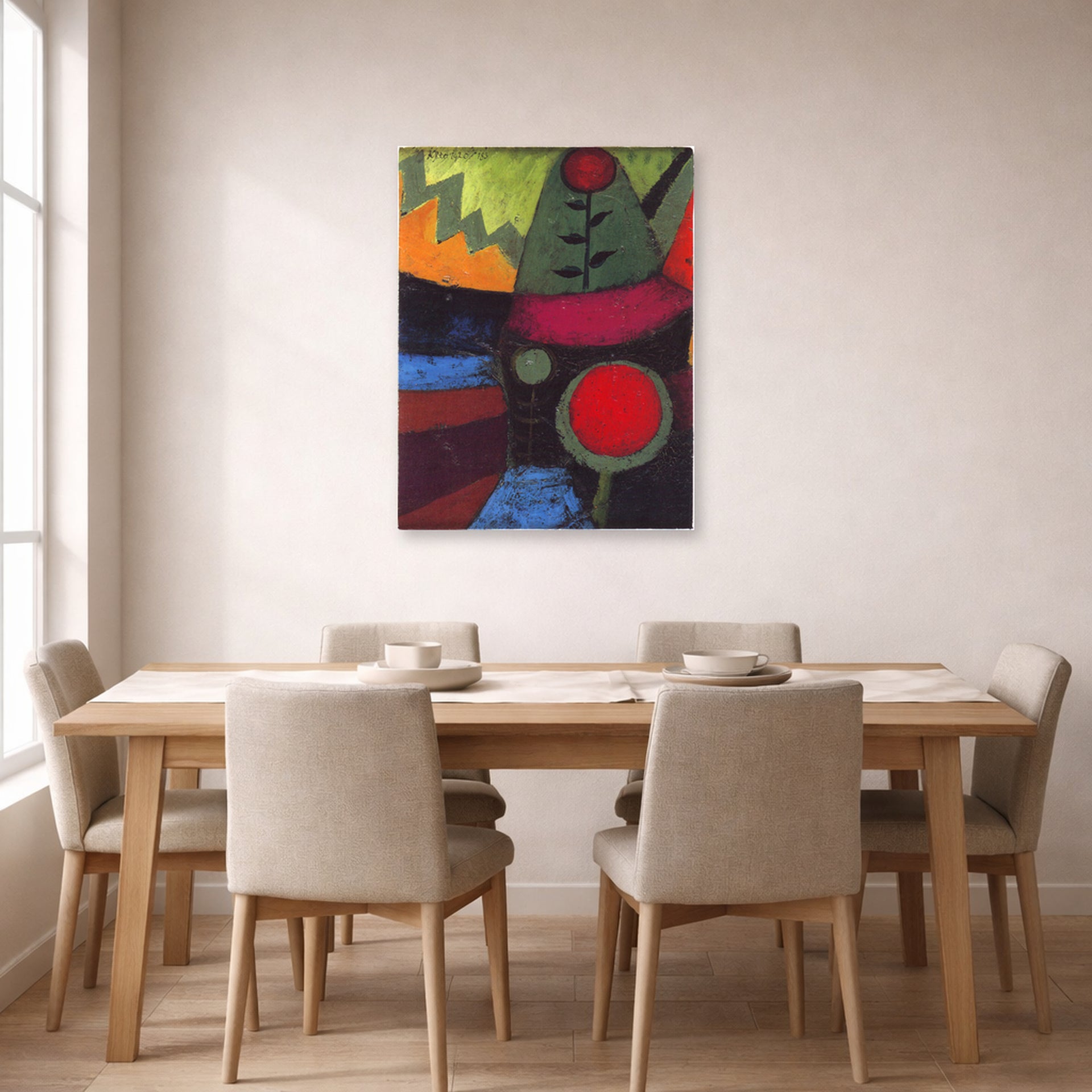Unframed poster print of Paul Klee's Three Flowers displayed on a wall in a dining room
