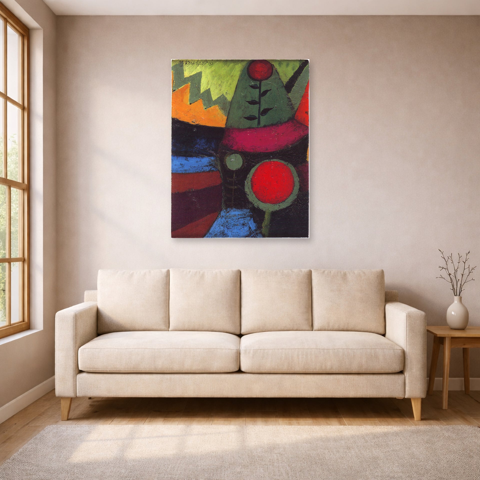 Unframed poster print of Paul Klee's Three Flowers displayed on a wall in a living room
