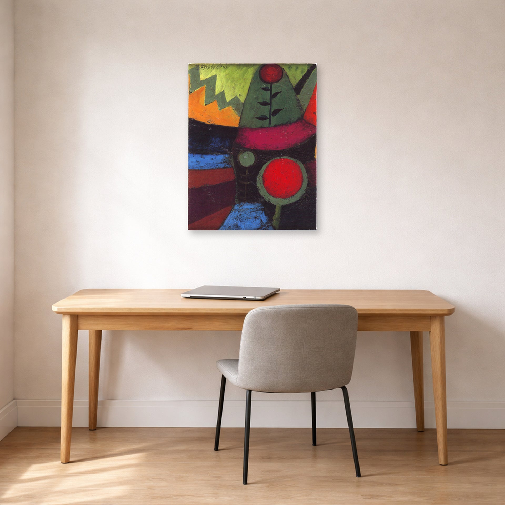 Unframed poster print of Paul Klee's Three Flowers displayed on a wall in an office