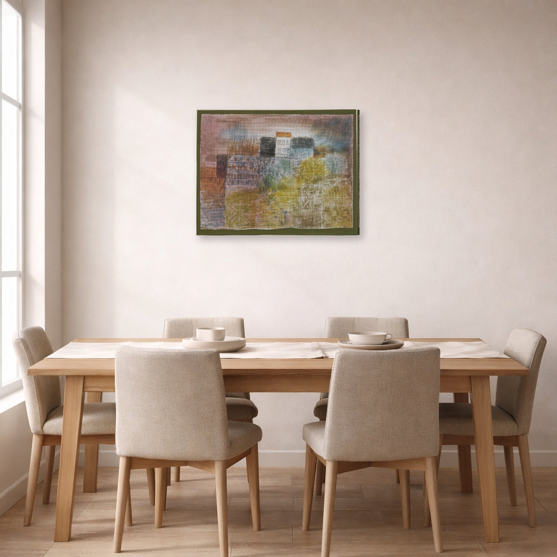 Gallery-wrapped canvas print of Paul Klee's Vorfrühling In H (Early Spring in H) displayed on a wall in a dining room