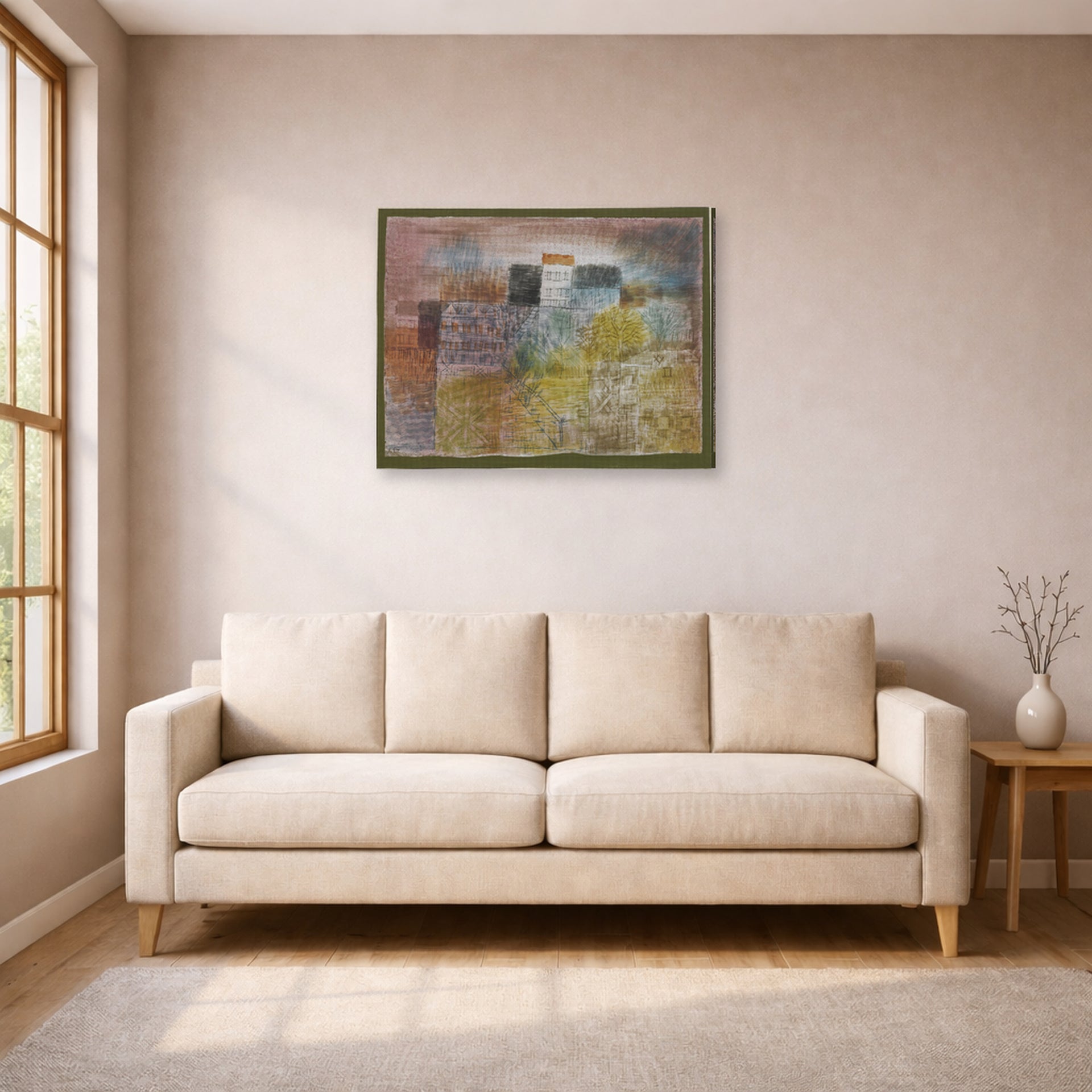 Gallery-wrapped canvas print of Paul Klee's Vorfrühling In H (Early Spring in H) displayed on a wall in a living room
