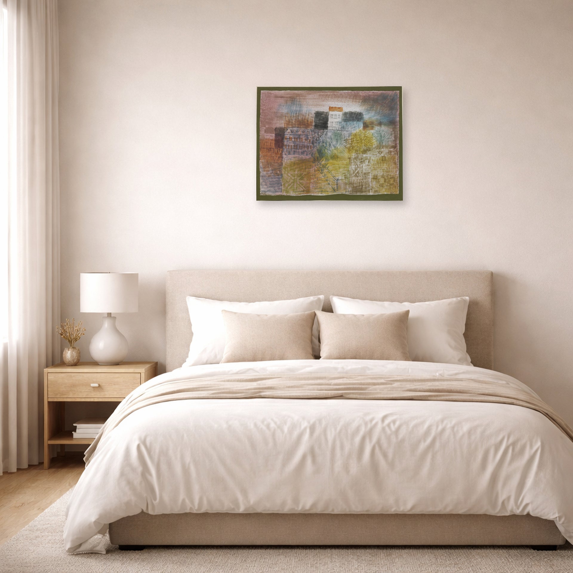 Unframed poster print of Paul Klee's Vorfrühling In H (Early Spring in H) displayed on a wall in a bedroom