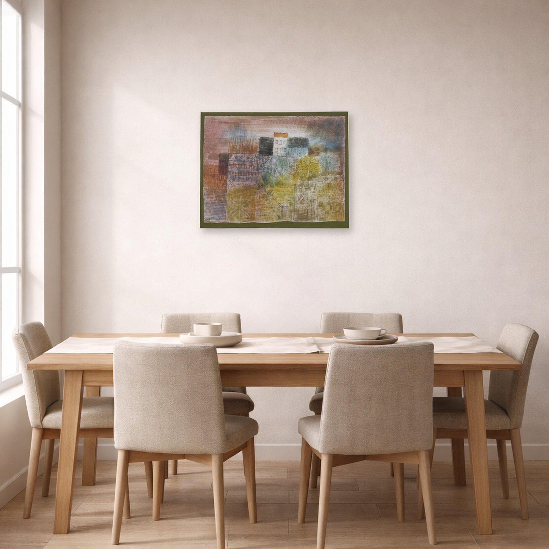 Unframed poster print of Paul Klee's Vorfrühling In H (Early Spring in H) displayed on a wall in a dining room