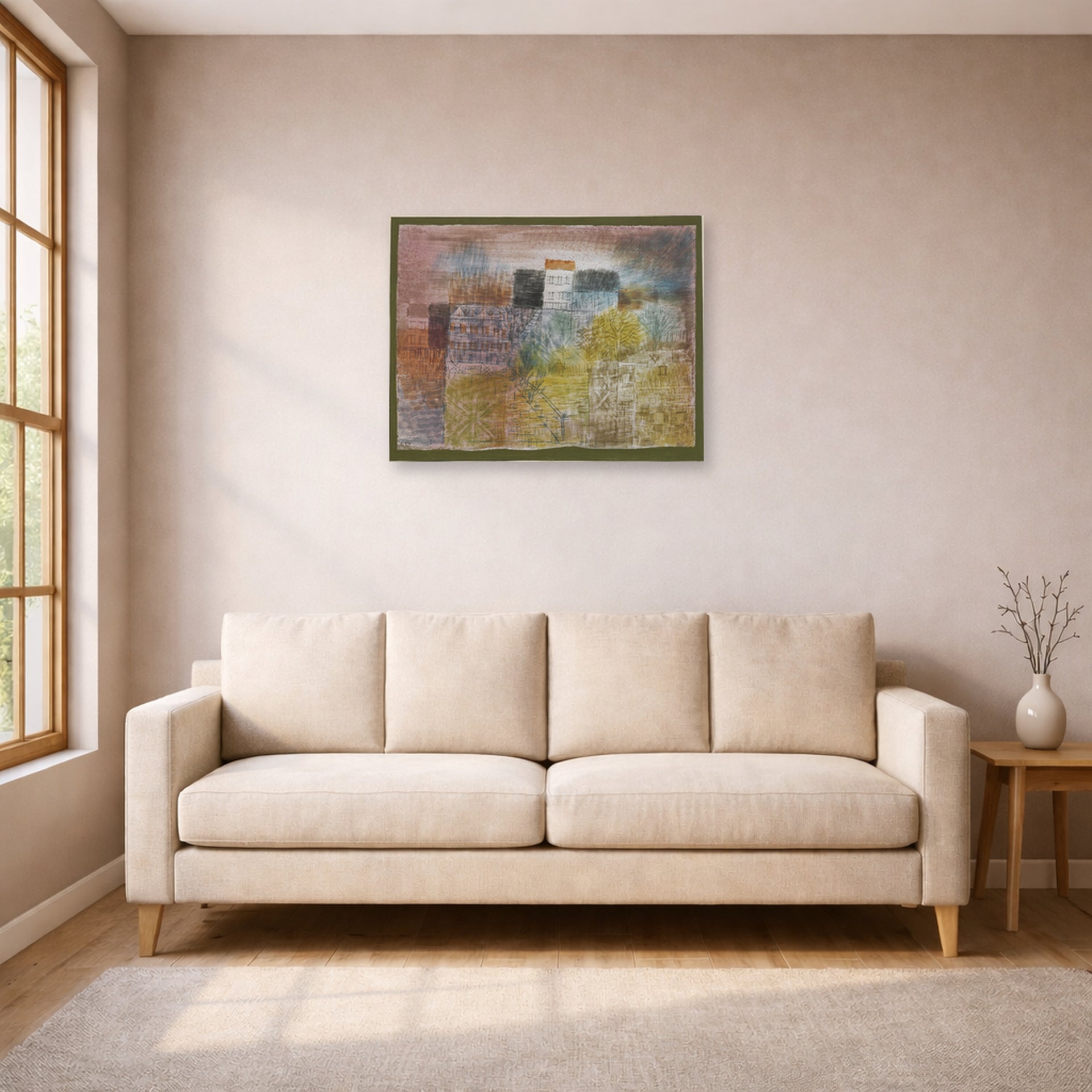 Unframed poster print of Paul Klee's Vorfrühling In H (Early Spring in H) displayed on a wall in a living room