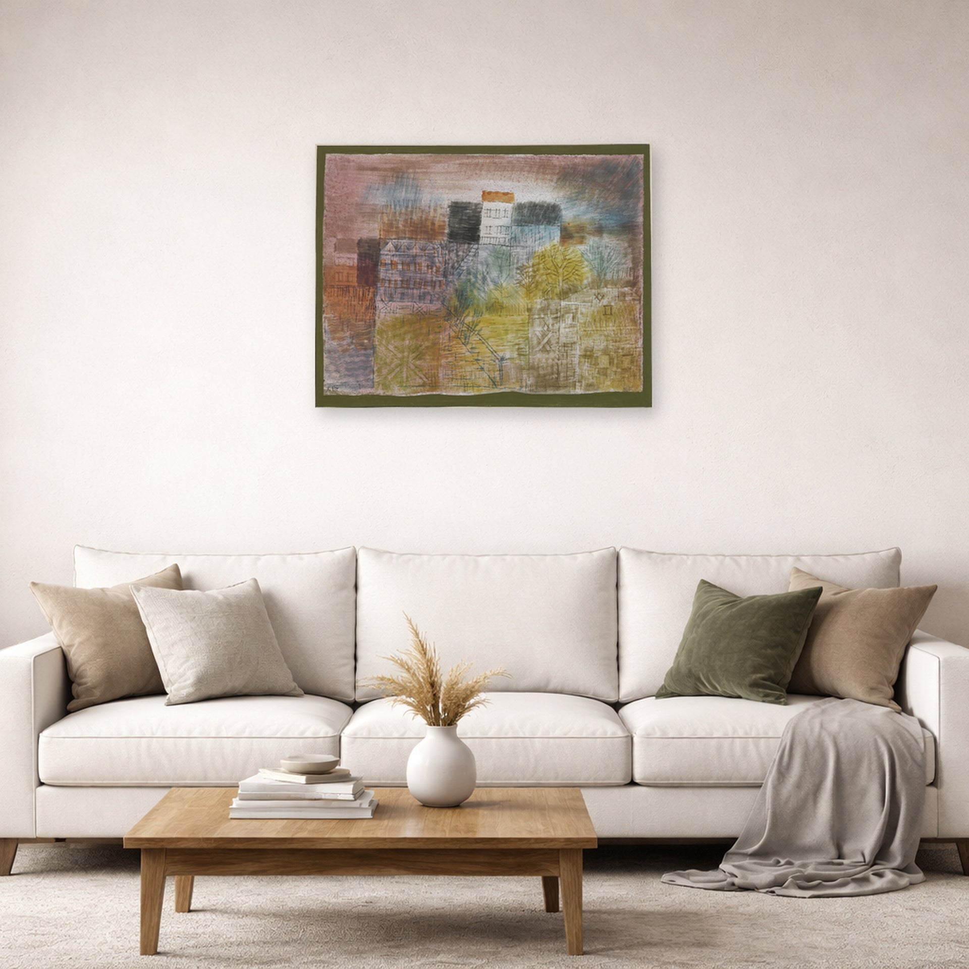 Unframed poster print of Paul Klee's Vorfrühling In H (Early Spring in H) displayed on a wall in a living room