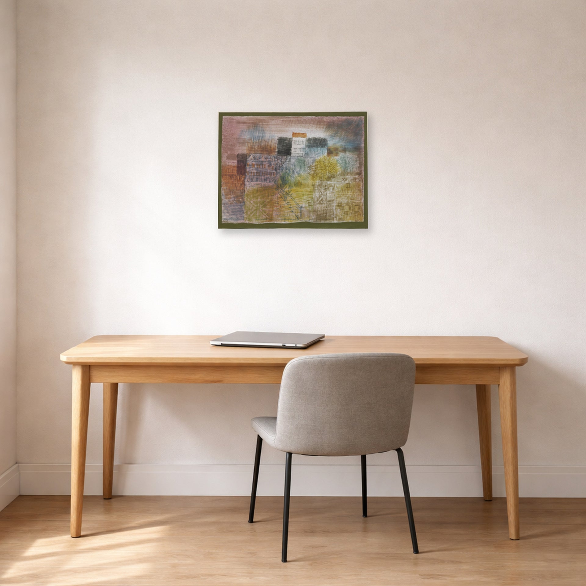 Unframed poster print of Paul Klee's Vorfrühling In H (Early Spring in H) displayed on a wall in an office
