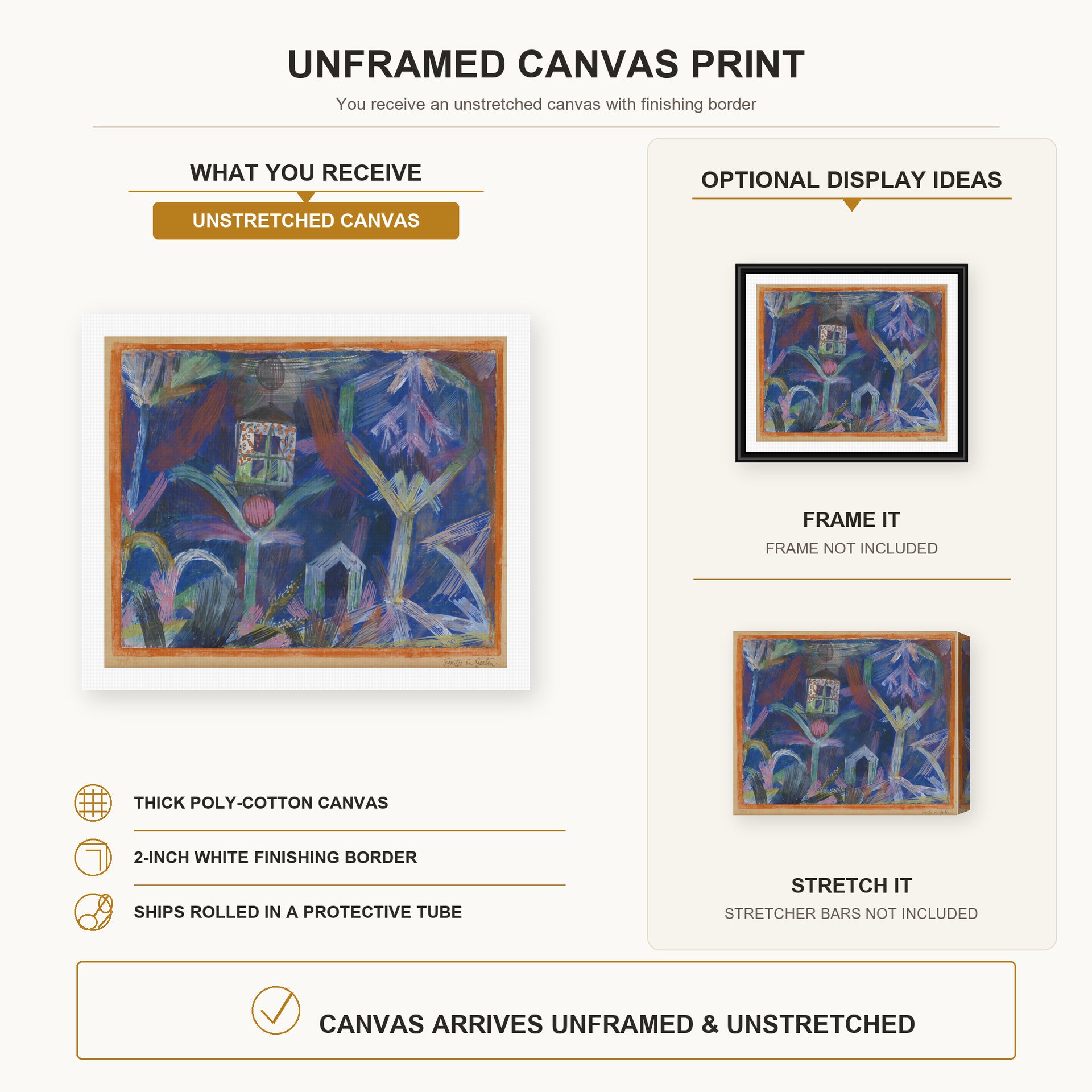 Paul Klee - Window In The Garden canvas print size comparison and framing display infographic