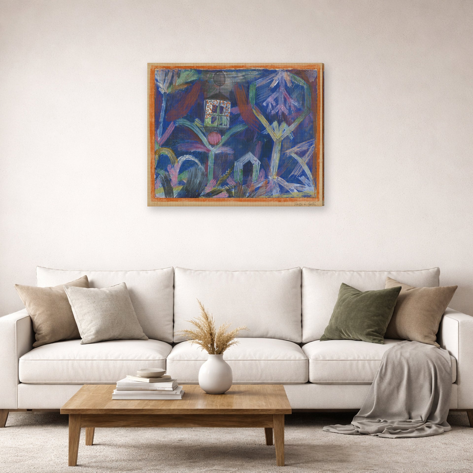 Gallery-wrapped canvas print of Paul Klee's Window In The Garden displayed on a wall in a living room