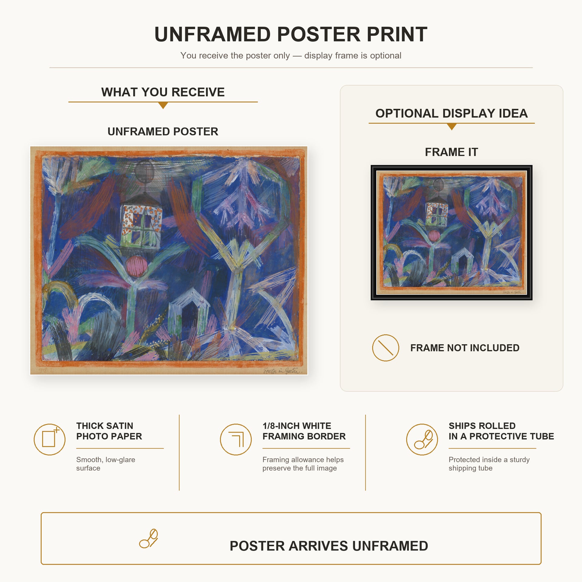 Paul Klee - Window In The Garden poster print size comparison and framing display infographic