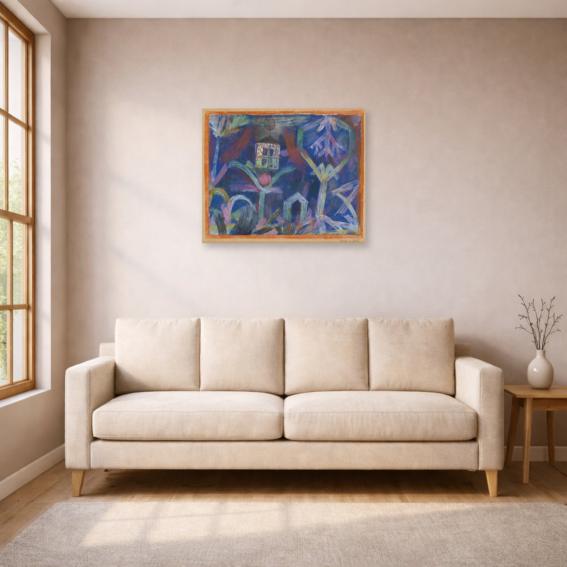 Unframed poster print of Paul Klee's Window In The Garden displayed on a wall in a living room