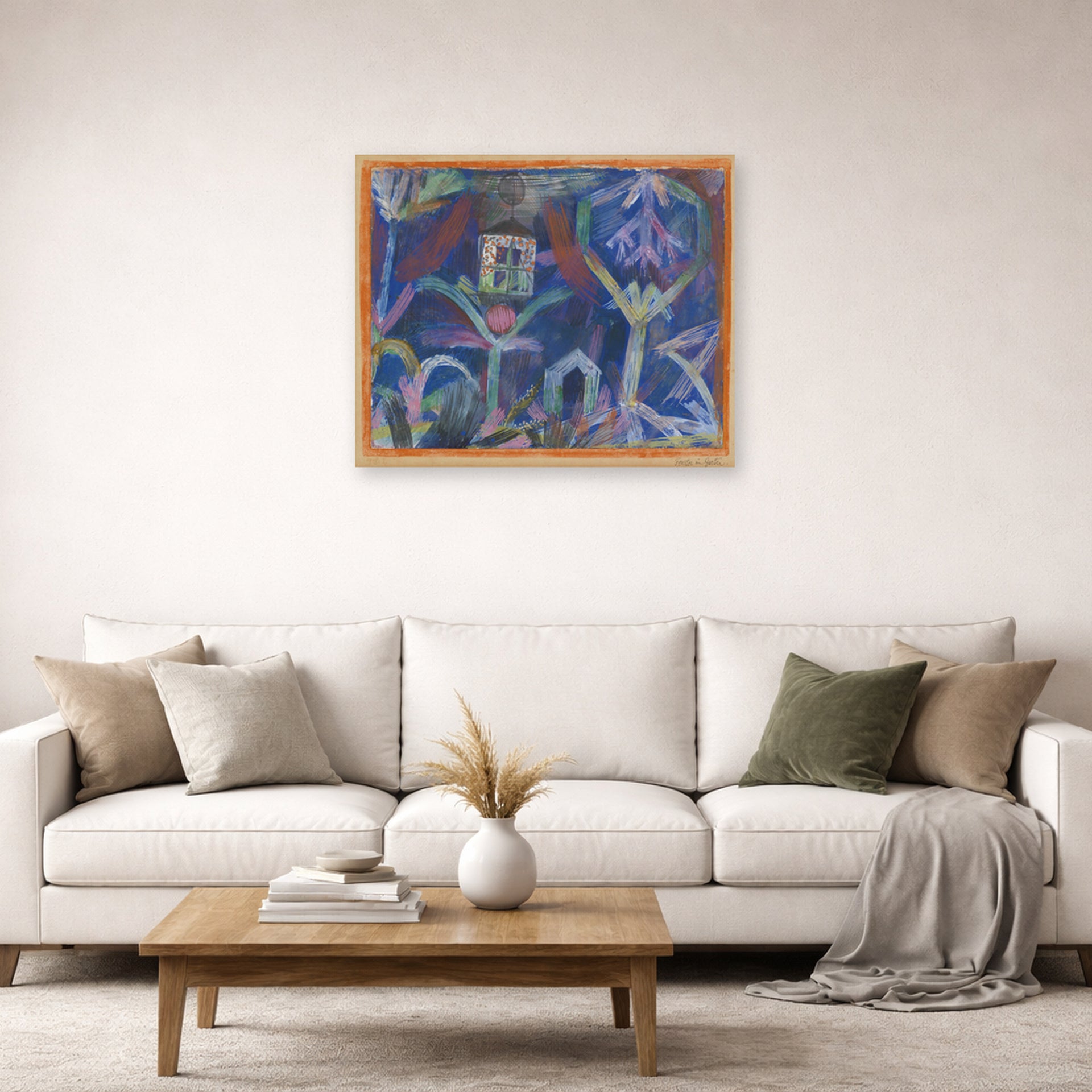 Unframed poster print of Paul Klee's Window In The Garden displayed on a wall in a living room
