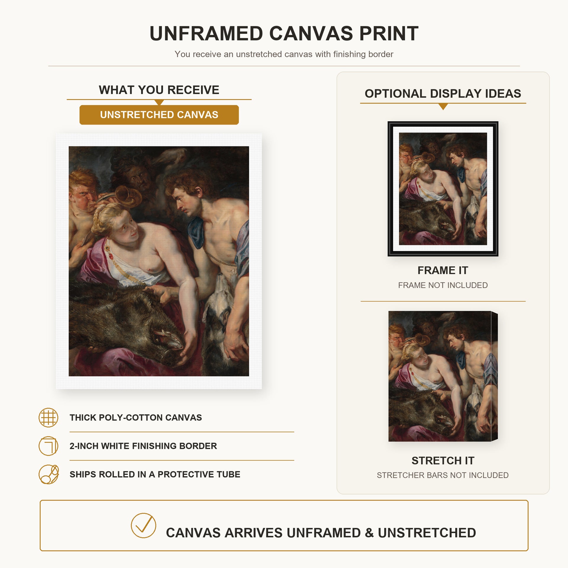 Peter Paul Rubens - Atalanta and Meleage canvas print size comparison and framing display infographic