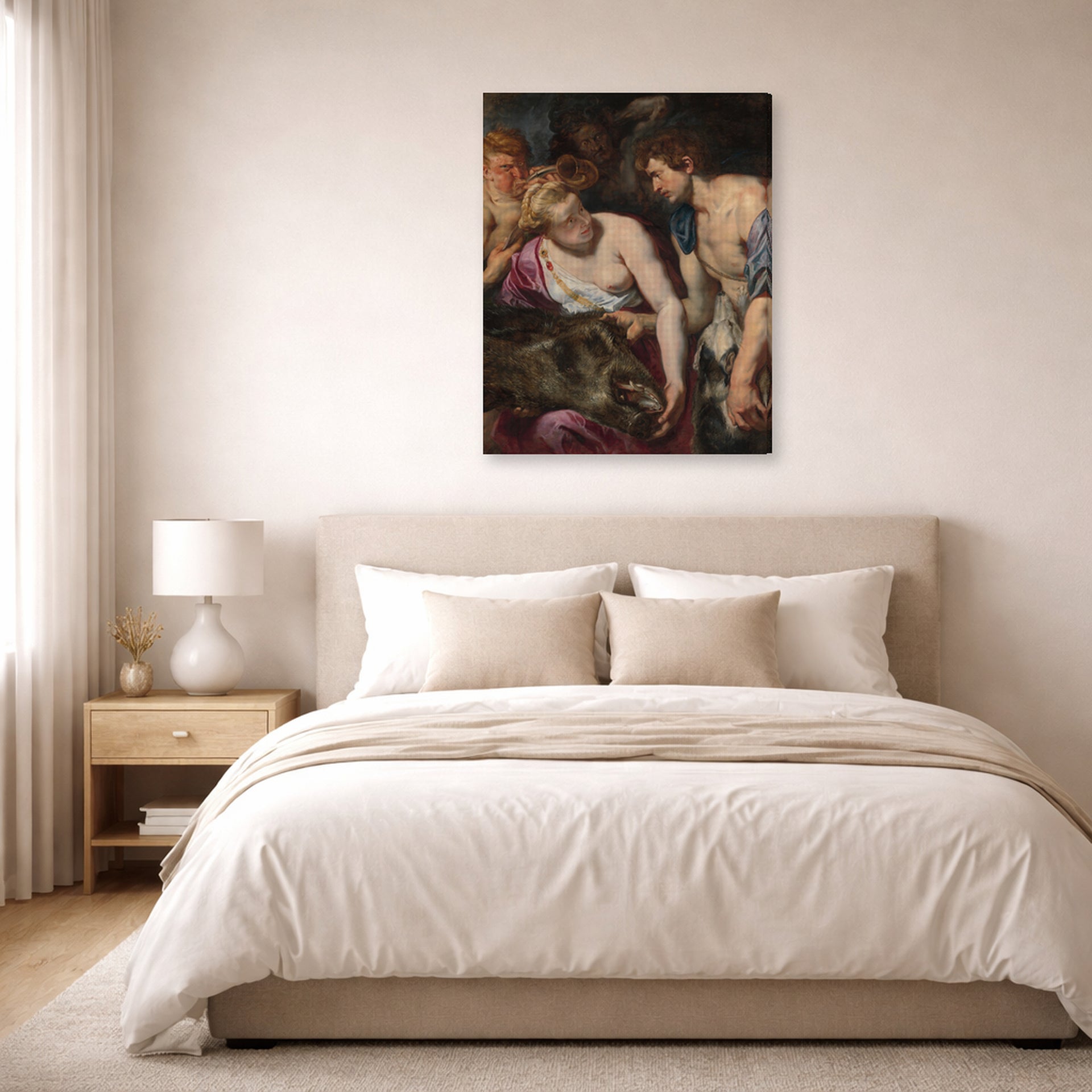 Gallery-wrapped canvas print of Peter Paul Rubens' 'Atalanta and Meleage' displayed on a wall in a bedroom