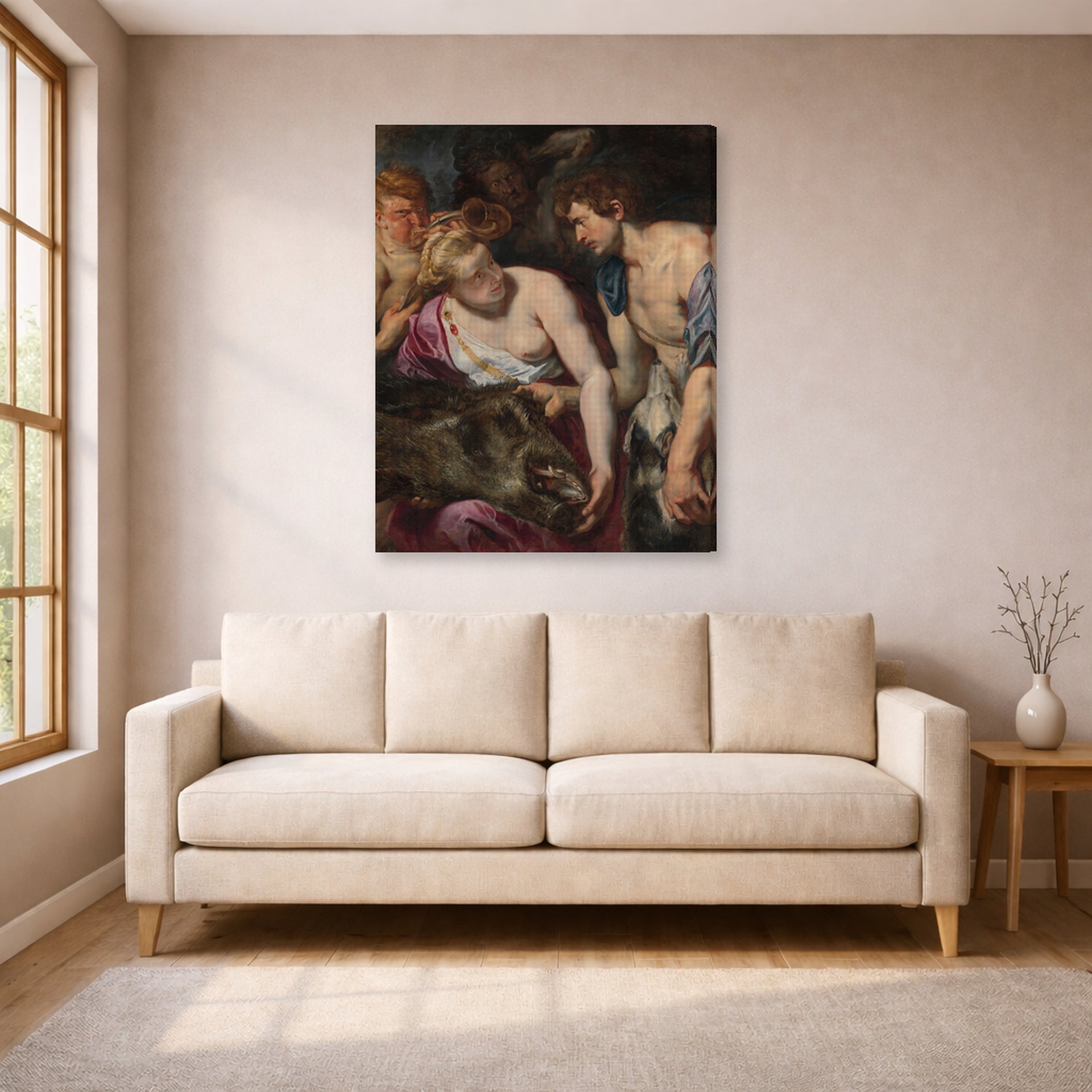 Gallery-wrapped canvas print of Peter Paul Rubens' 'Atalanta and Meleage' displayed on a wall in a living room (image 1 of 2)