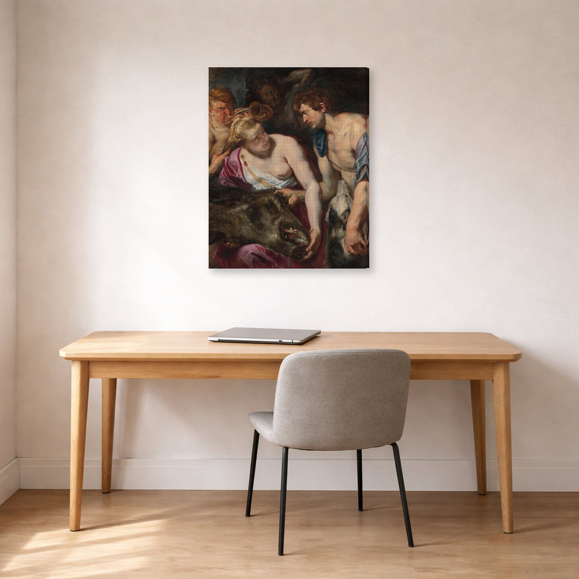 Gallery-wrapped canvas print of Peter Paul Rubens' 'Atalanta and Meleage' displayed on a wall in an office