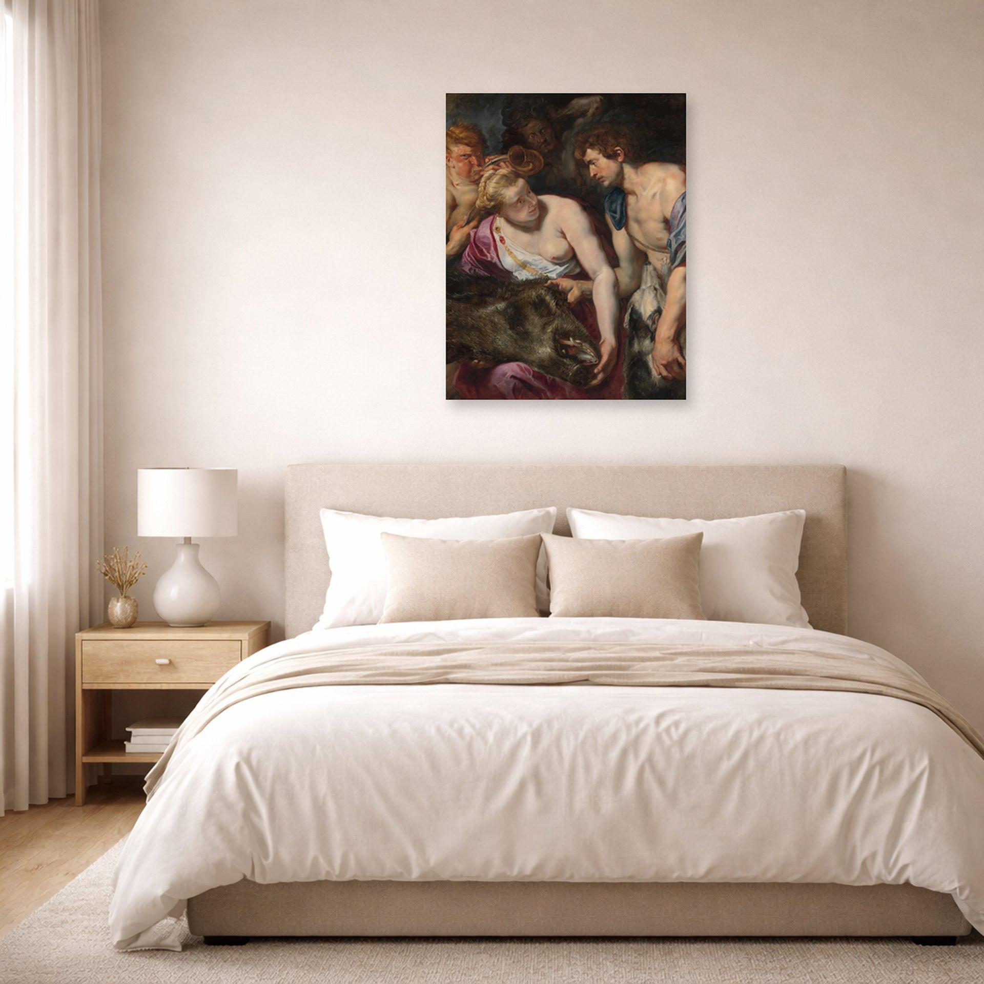 Unframed poster print of Peter Paul Rubens' 'Atalanta and Meleage' displayed on a wall in a bedroom