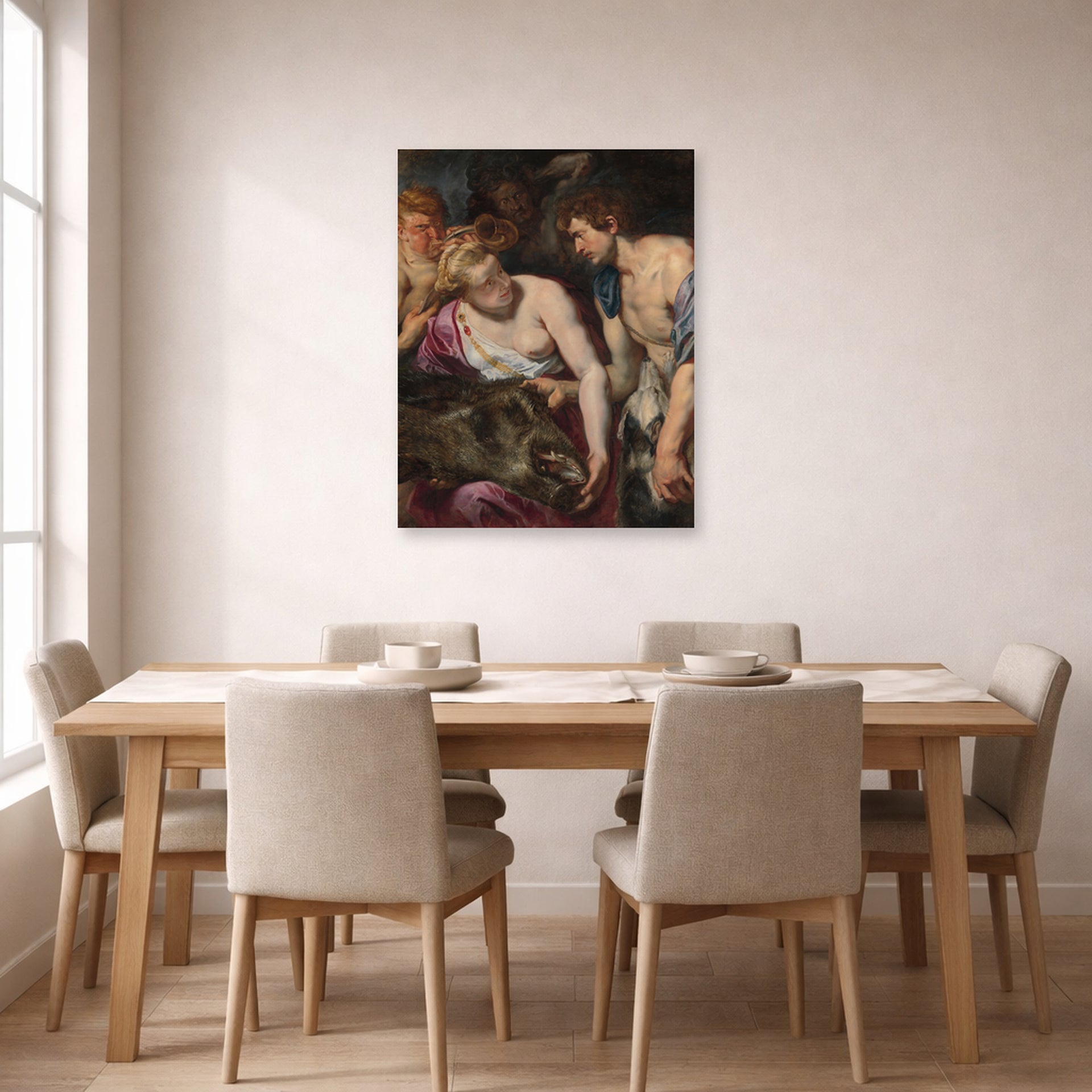 Unframed poster print of Peter Paul Rubens' 'Atalanta and Meleage' displayed on a wall in a dining room