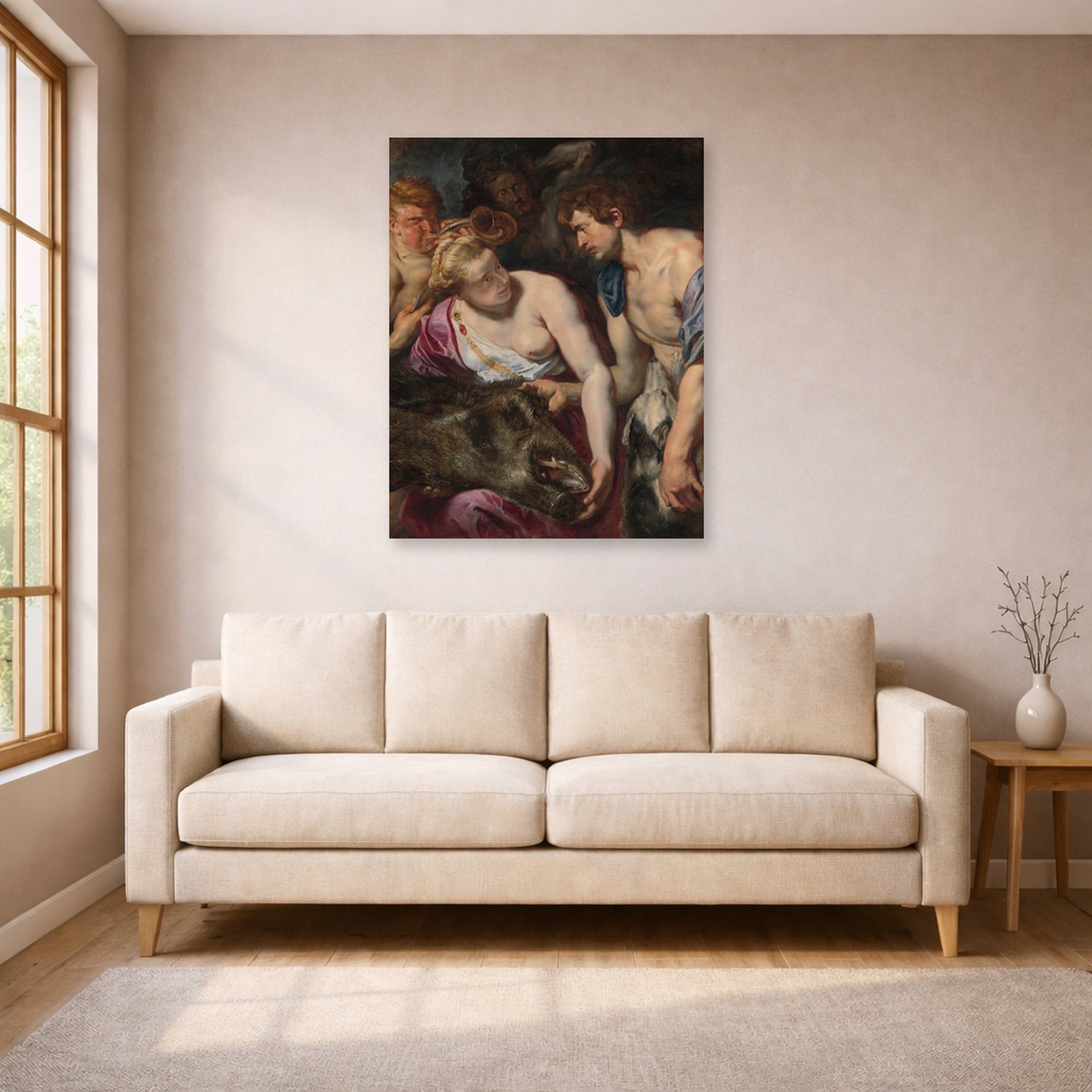 Unframed poster print of Peter Paul Rubens' 'Atalanta and Meleage' displayed on a wall in a living room (image 1 of 2)