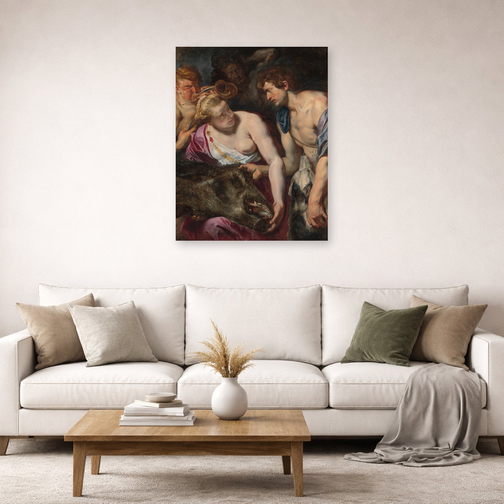 Unframed poster print of Peter Paul Rubens' 'Atalanta and Meleage' displayed on a wall in a living room (image 2 of 2)