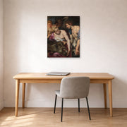 Unframed poster print of Peter Paul Rubens' 'Atalanta and Meleage' displayed on a wall in an office