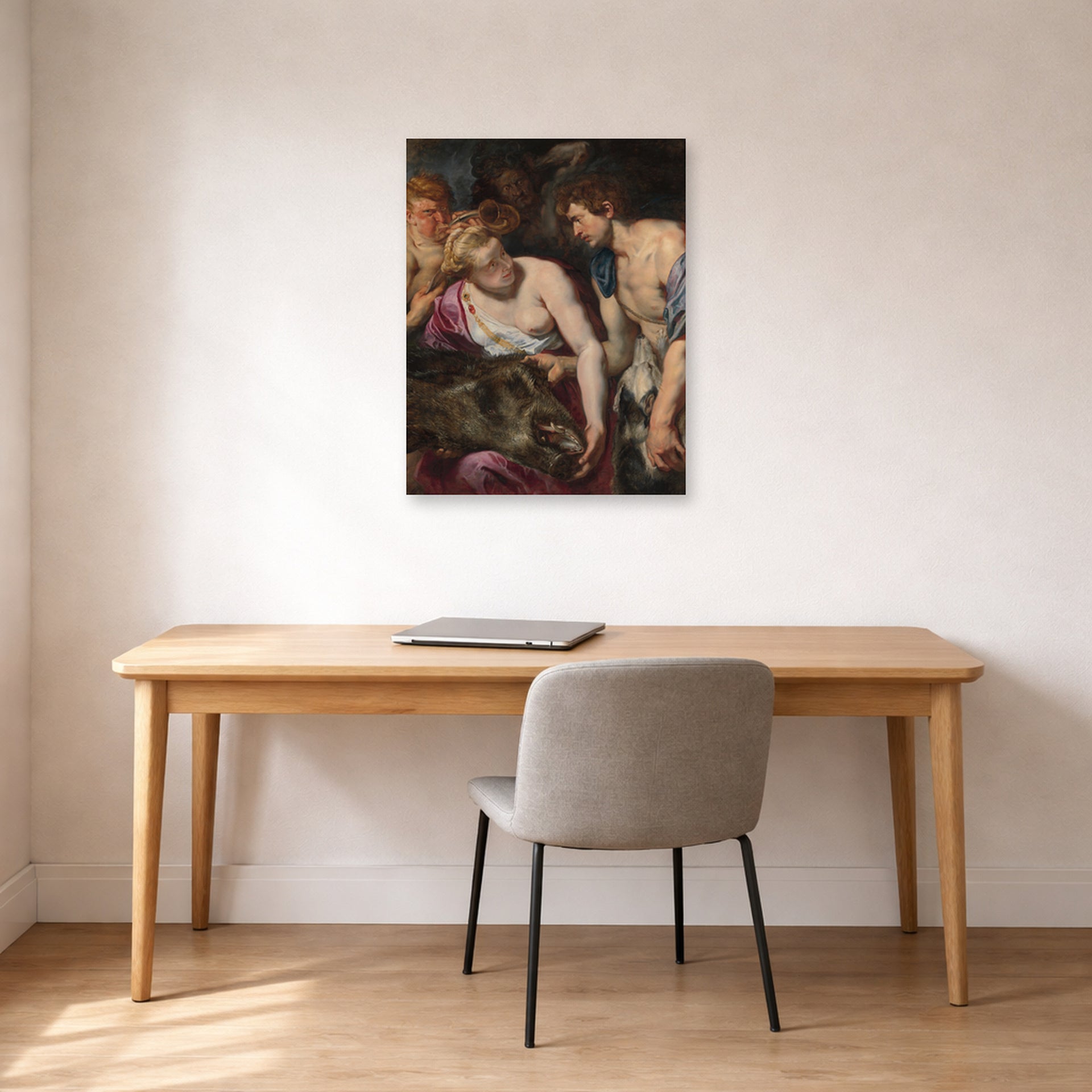 Unframed poster print of Peter Paul Rubens' 'Atalanta and Meleage' displayed on a wall in an office