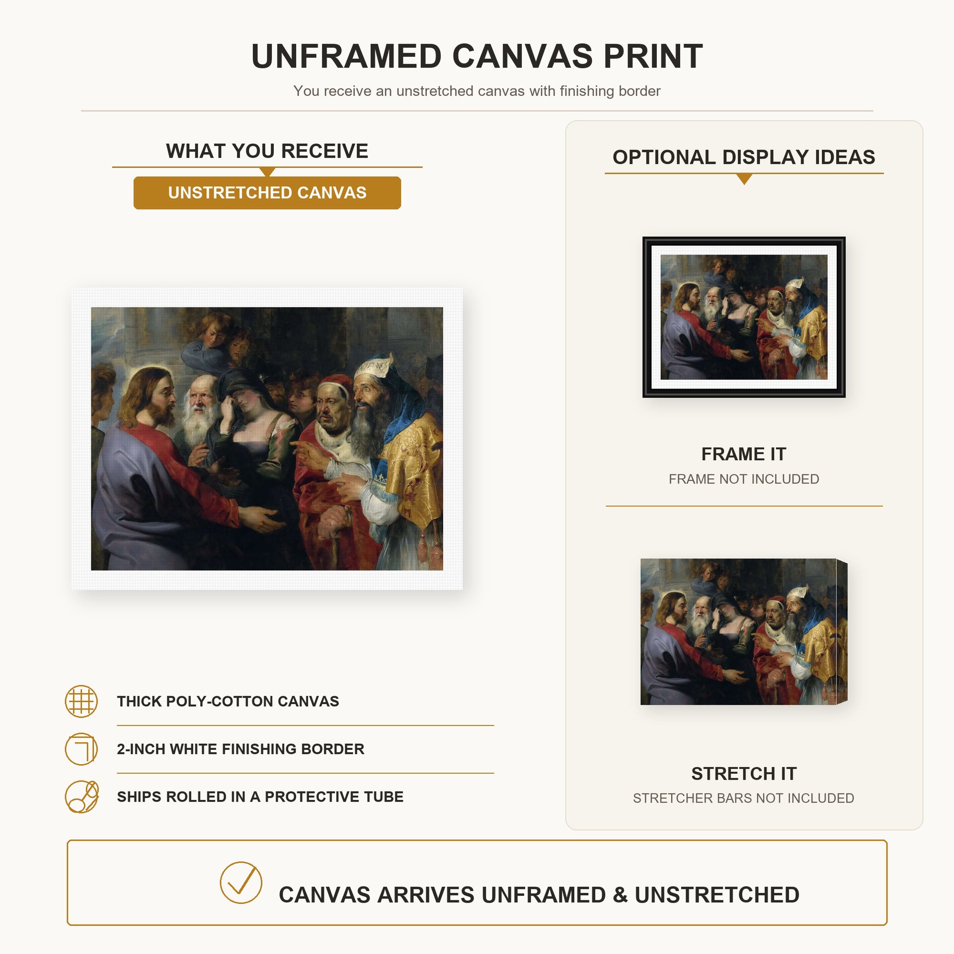 Peter Paul Rubens - Christ and the Adulteress canvas print size comparison and framing display infographic