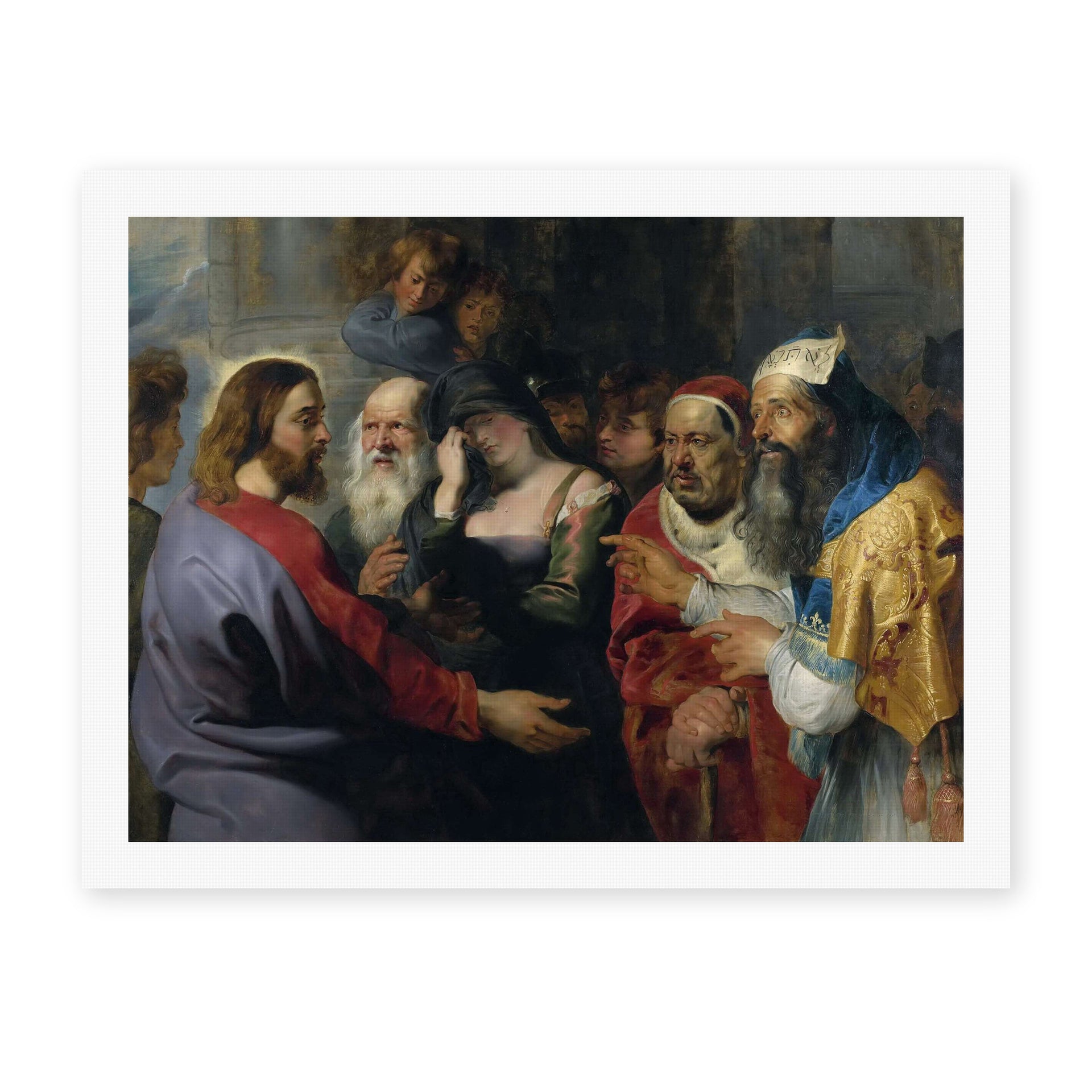 Peter Paul Rubens' 'Christ and the Adulteress' painting reproduced as a rolled canvas print