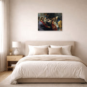 Gallery-wrapped canvas print of Peter Paul Rubens' 'Christ and the Adulteress' displayed on a wall in a bedroom