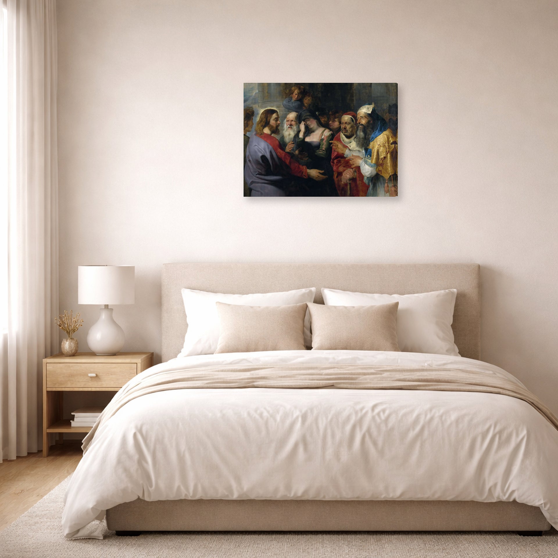 Gallery-wrapped canvas print of Peter Paul Rubens' 'Christ and the Adulteress' displayed on a wall in a bedroom