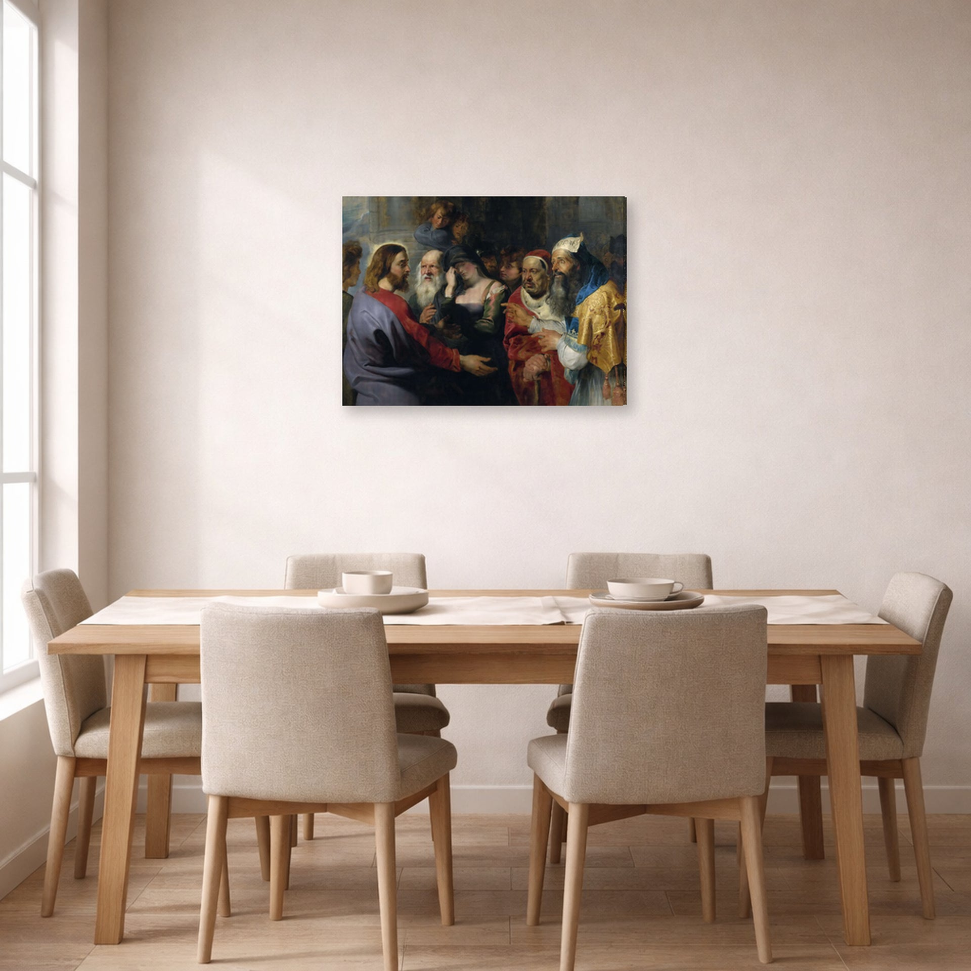 Gallery-wrapped canvas print of Peter Paul Rubens' 'Christ and the Adulteress' displayed on a wall in a dining room