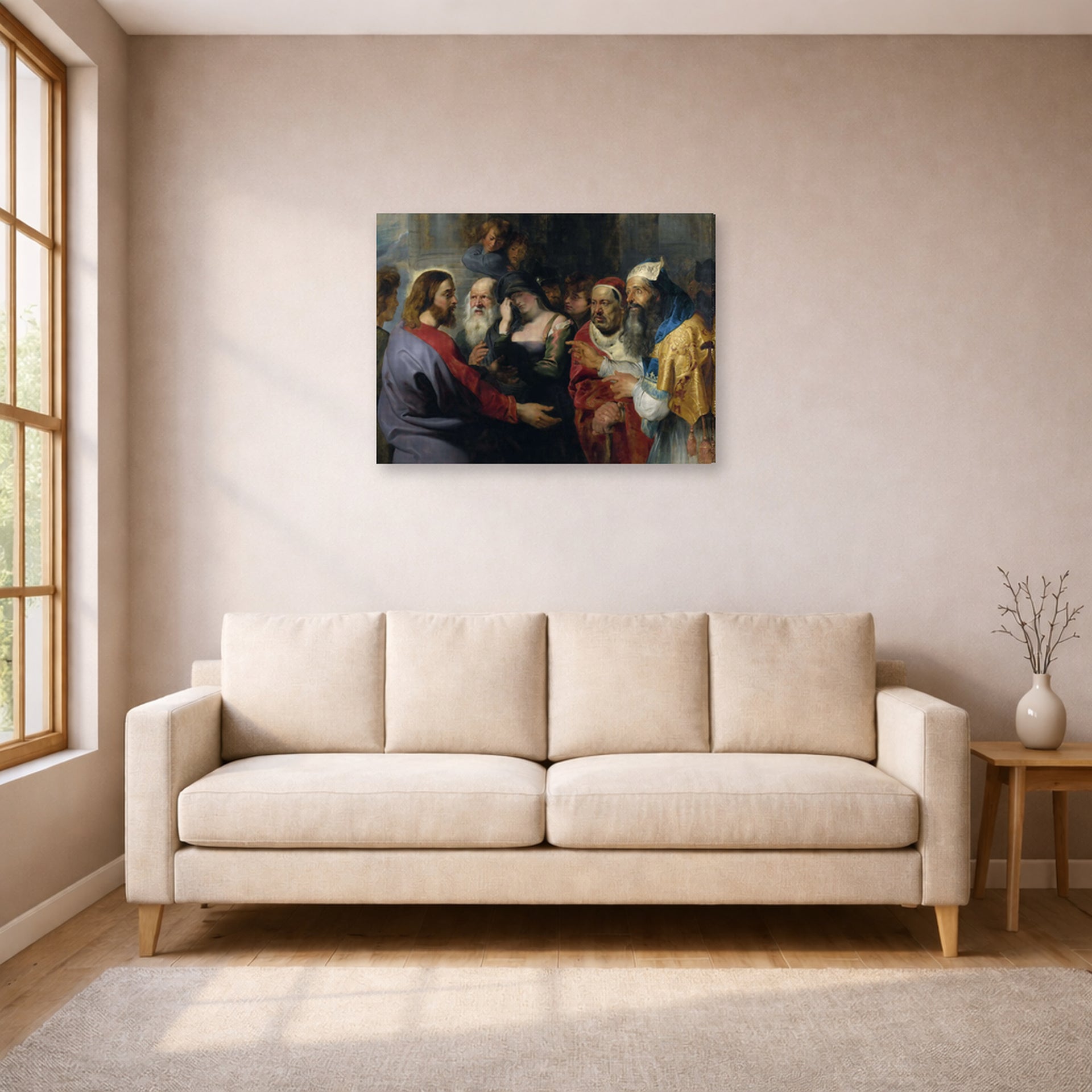 Gallery-wrapped canvas print of Peter Paul Rubens' 'Christ and the Adulteress' displayed on a wall in a living room (image 1 of 2)