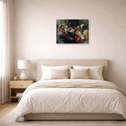 Unframed poster print of Peter Paul Rubens' 'Christ and the Adulteress' displayed on a wall in a bedroom