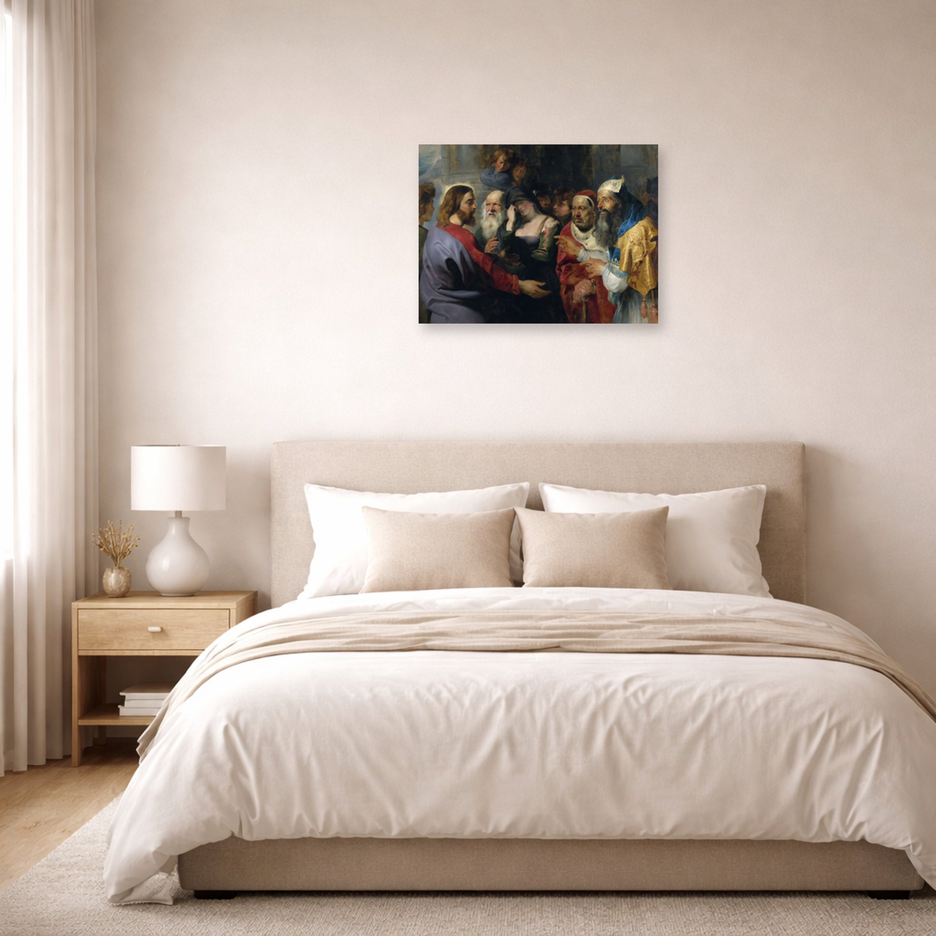 Unframed poster print of Peter Paul Rubens' 'Christ and the Adulteress' displayed on a wall in a bedroom