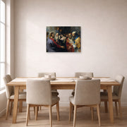 Unframed poster print of Peter Paul Rubens' 'Christ and the Adulteress' displayed on a wall in a dining room