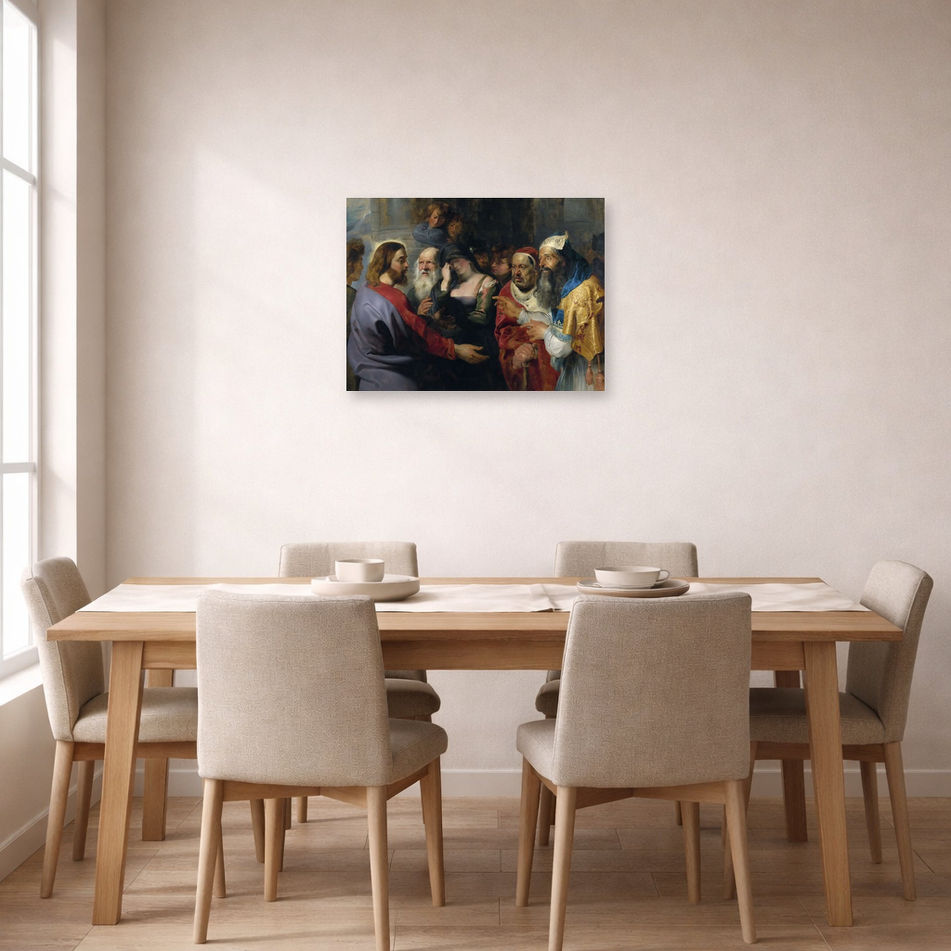 Unframed poster print of Peter Paul Rubens' 'Christ and the Adulteress' displayed on a wall in a dining room