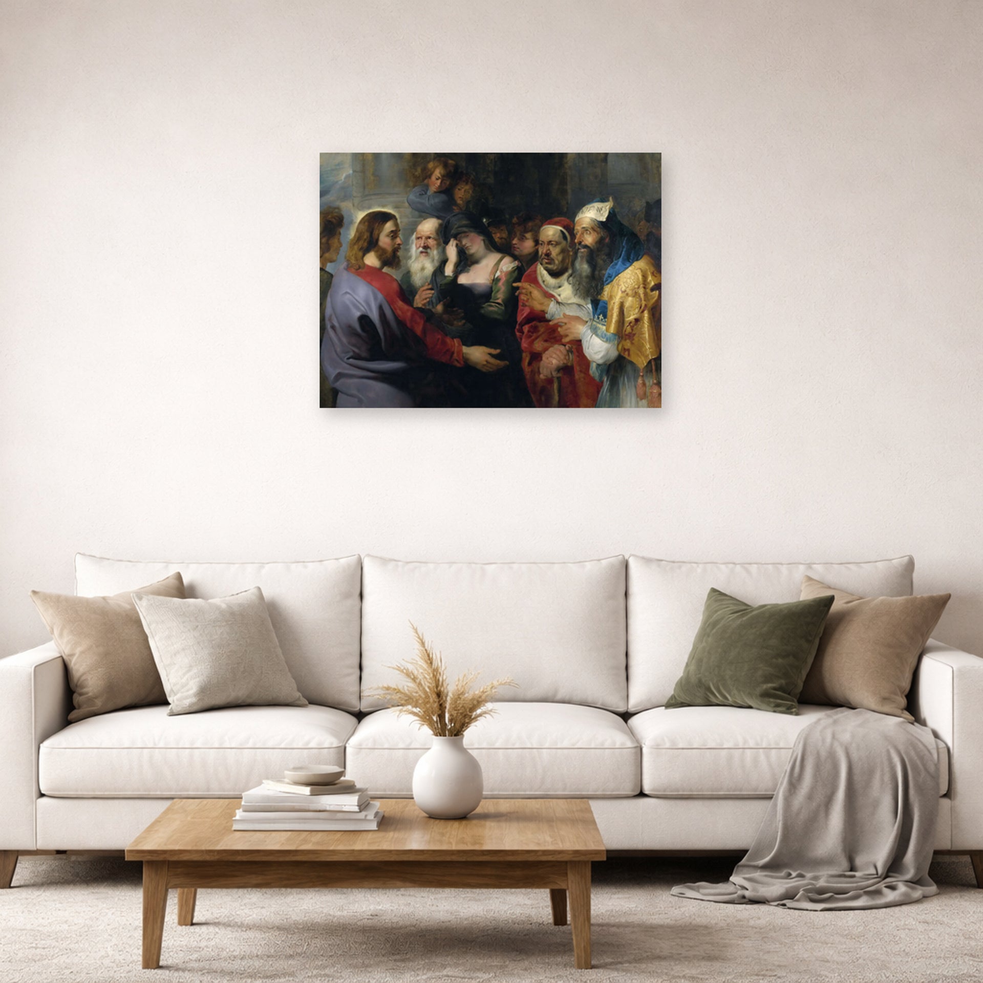 Unframed poster print of Peter Paul Rubens' 'Christ and the Adulteress' displayed on a wall in a living room (image 2 of 2)