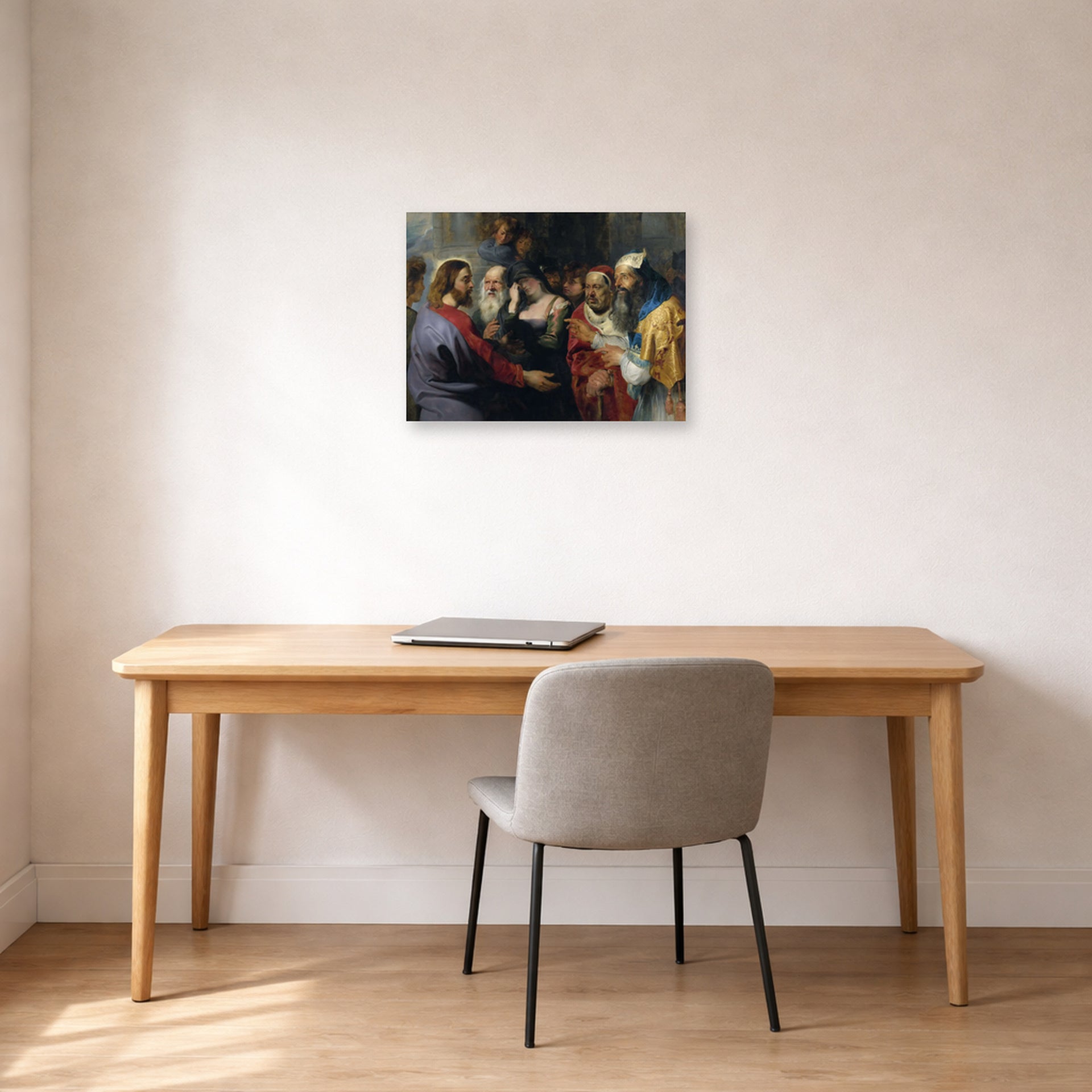Unframed poster print of Peter Paul Rubens' 'Christ and the Adulteress' displayed on a wall in an office