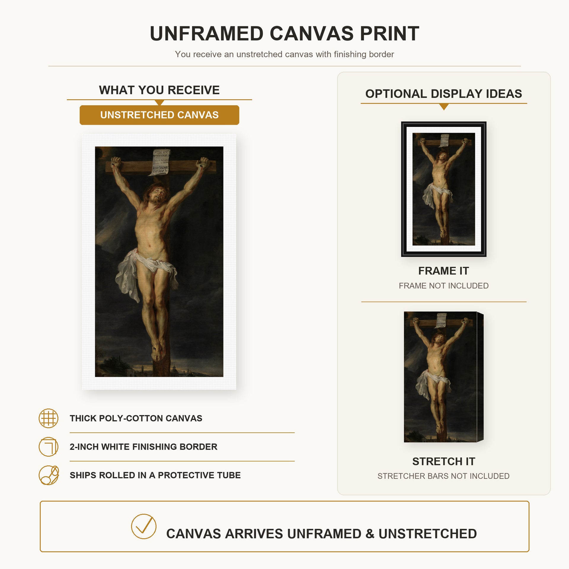 Peter Paul Rubens - Christ on the cross canvas print size comparison and framing display infographic