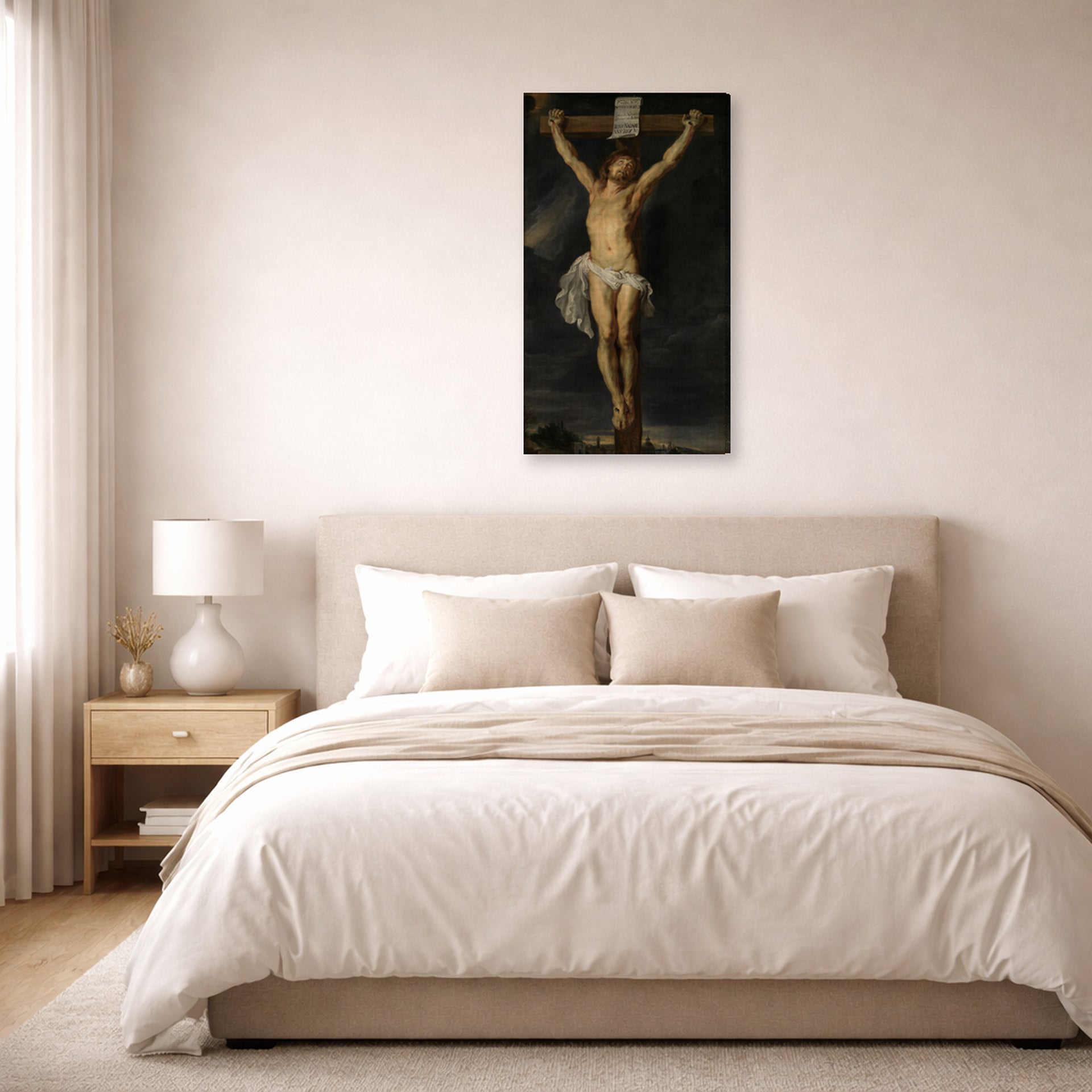 Gallery-wrapped canvas print of Peter Paul Rubens' 'Christ on the cross' displayed on a wall in a bedroom