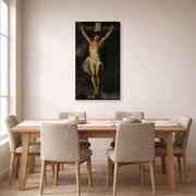 Gallery-wrapped canvas print of Peter Paul Rubens' 'Christ on the cross' displayed on a wall in a dining room