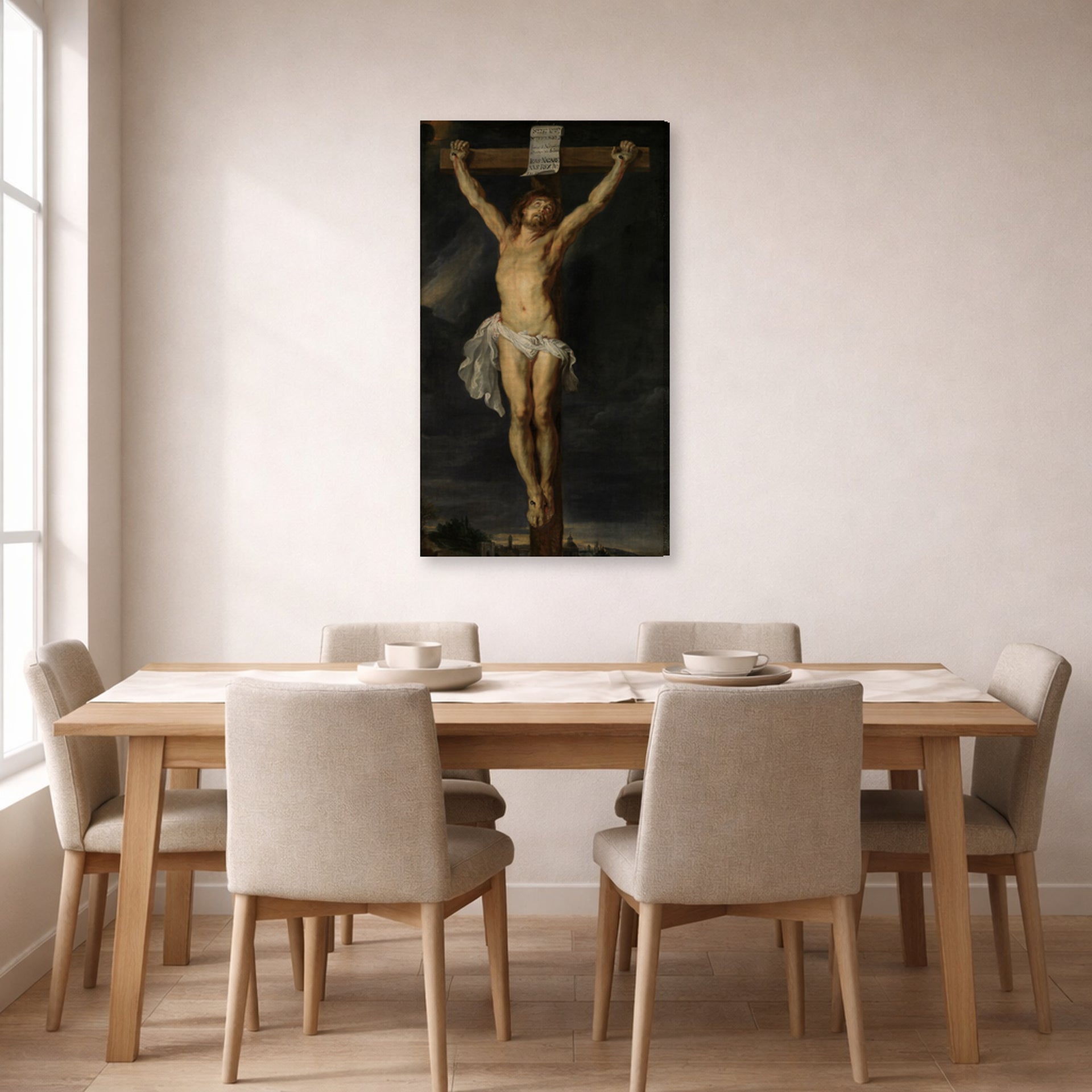 Gallery-wrapped canvas print of Peter Paul Rubens' 'Christ on the cross' displayed on a wall in a dining room