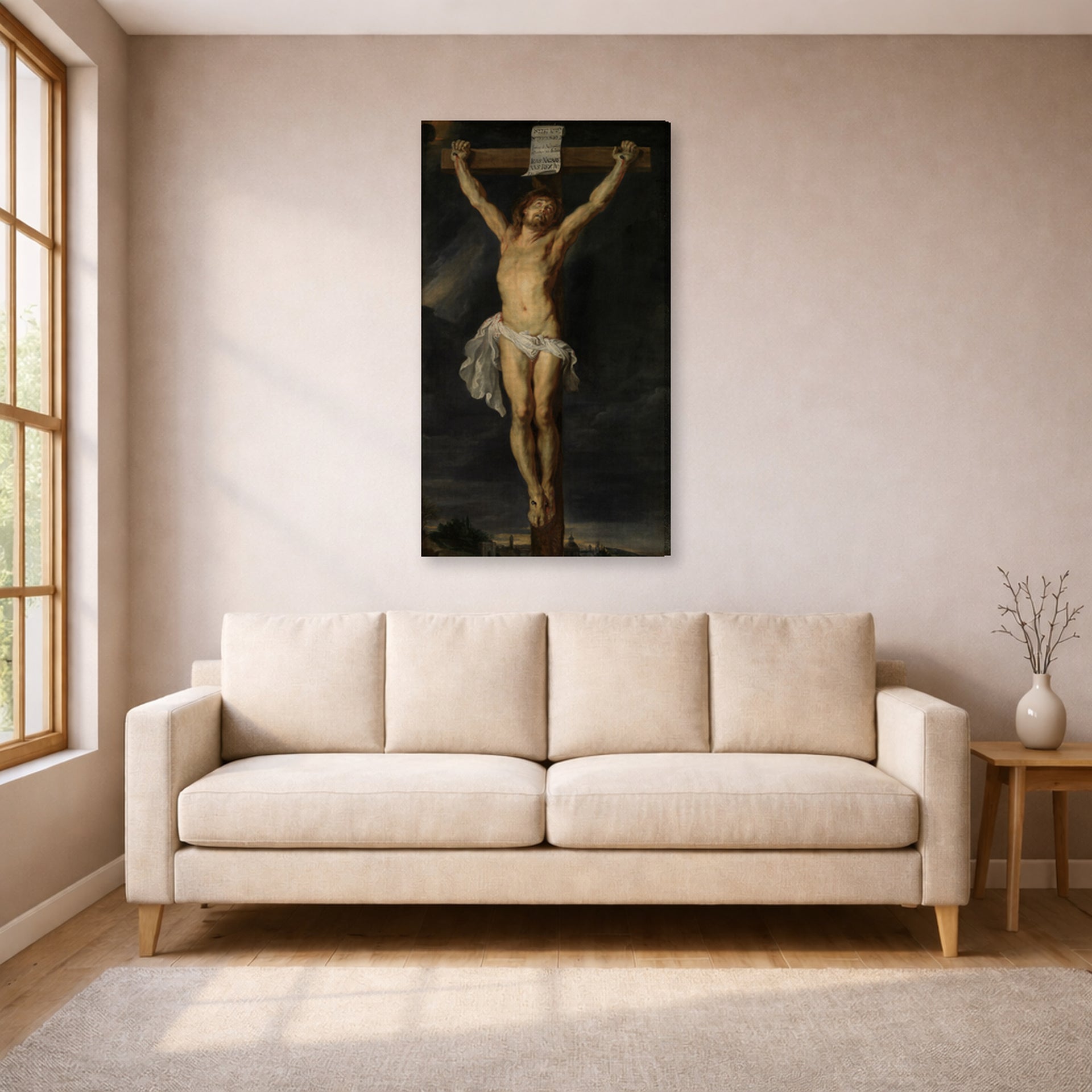 Gallery-wrapped canvas print of Peter Paul Rubens' 'Christ on the cross' displayed on a wall in a living room (image 1 of 2)