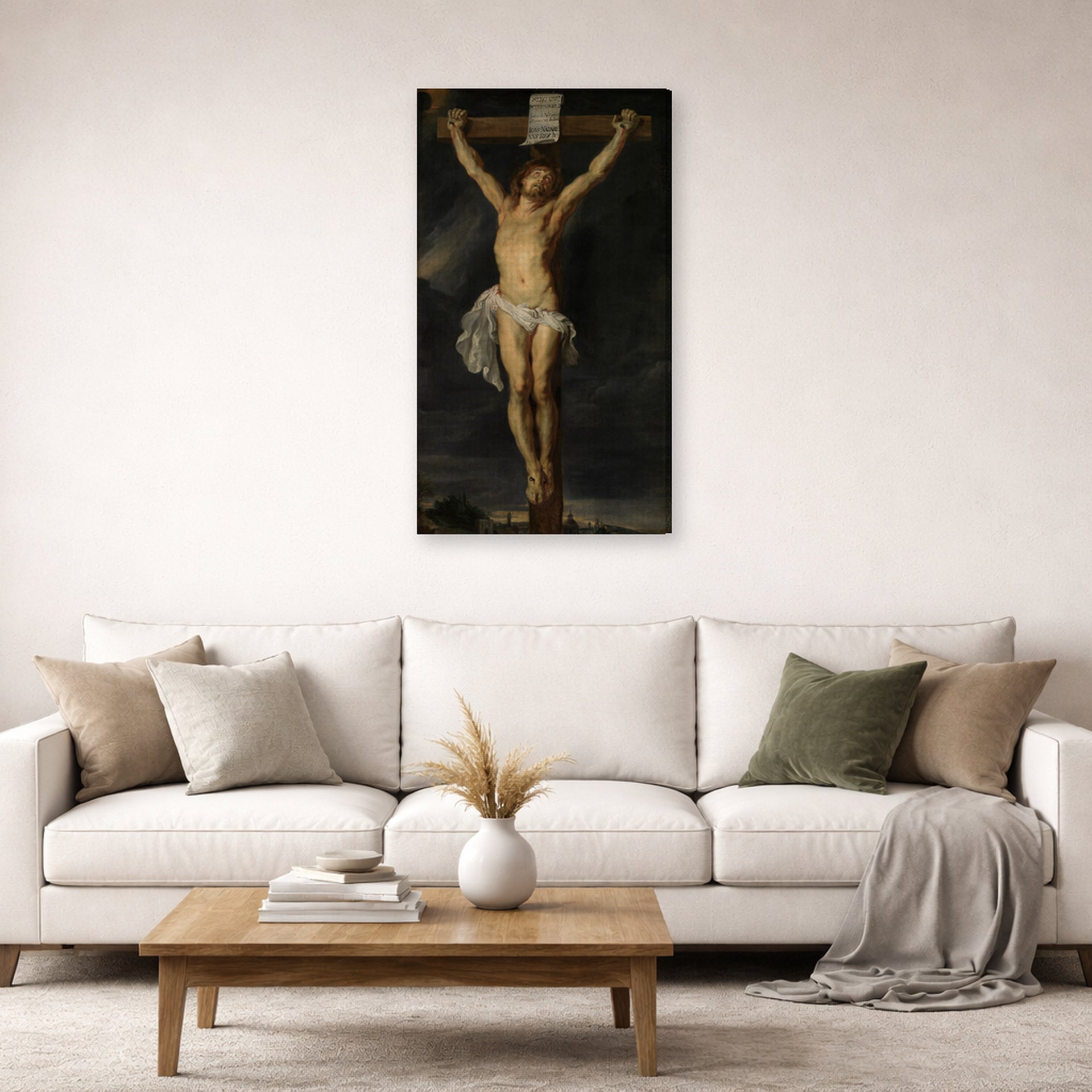 Gallery-wrapped canvas print of Peter Paul Rubens' 'Christ on the cross' displayed on a wall in a living room (image 2 of 2)