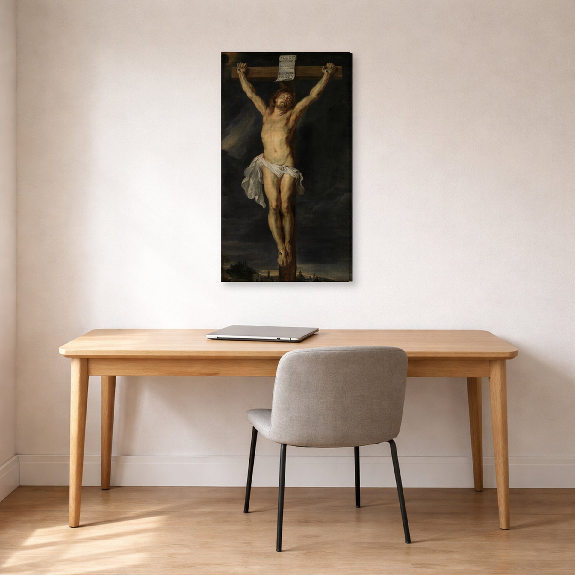 Gallery-wrapped canvas print of Peter Paul Rubens' 'Christ on the cross' displayed on a wall in an office