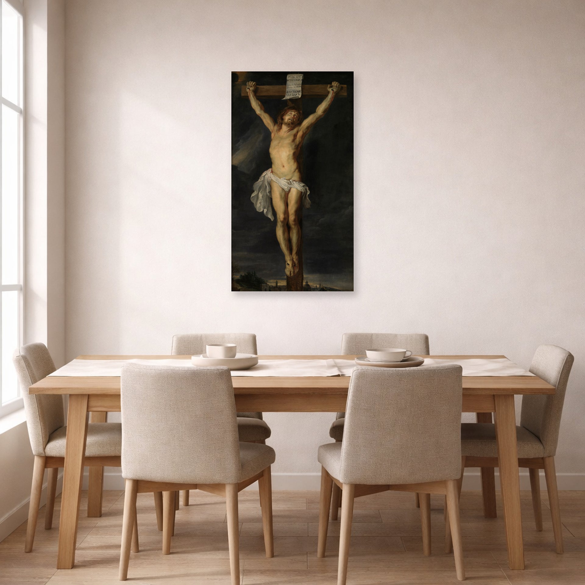 Unframed poster print of Peter Paul Rubens' 'Christ on the cross' displayed on a wall in a dining room