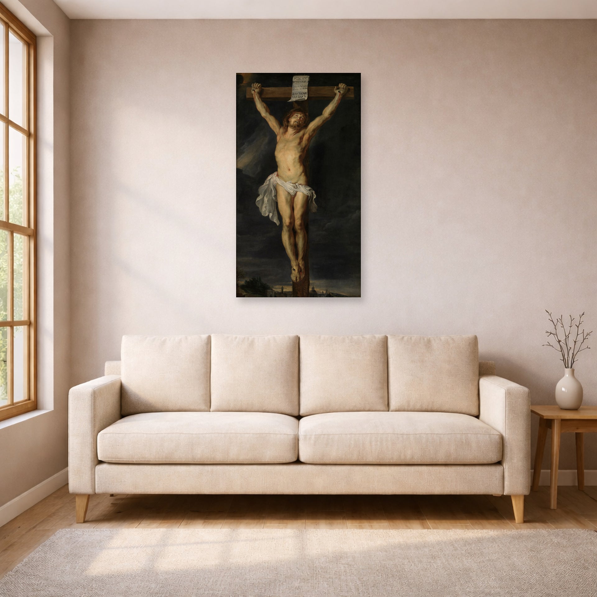 Unframed poster print of Peter Paul Rubens' 'Christ on the cross' displayed on a wall in a living room (image 1 of 2)