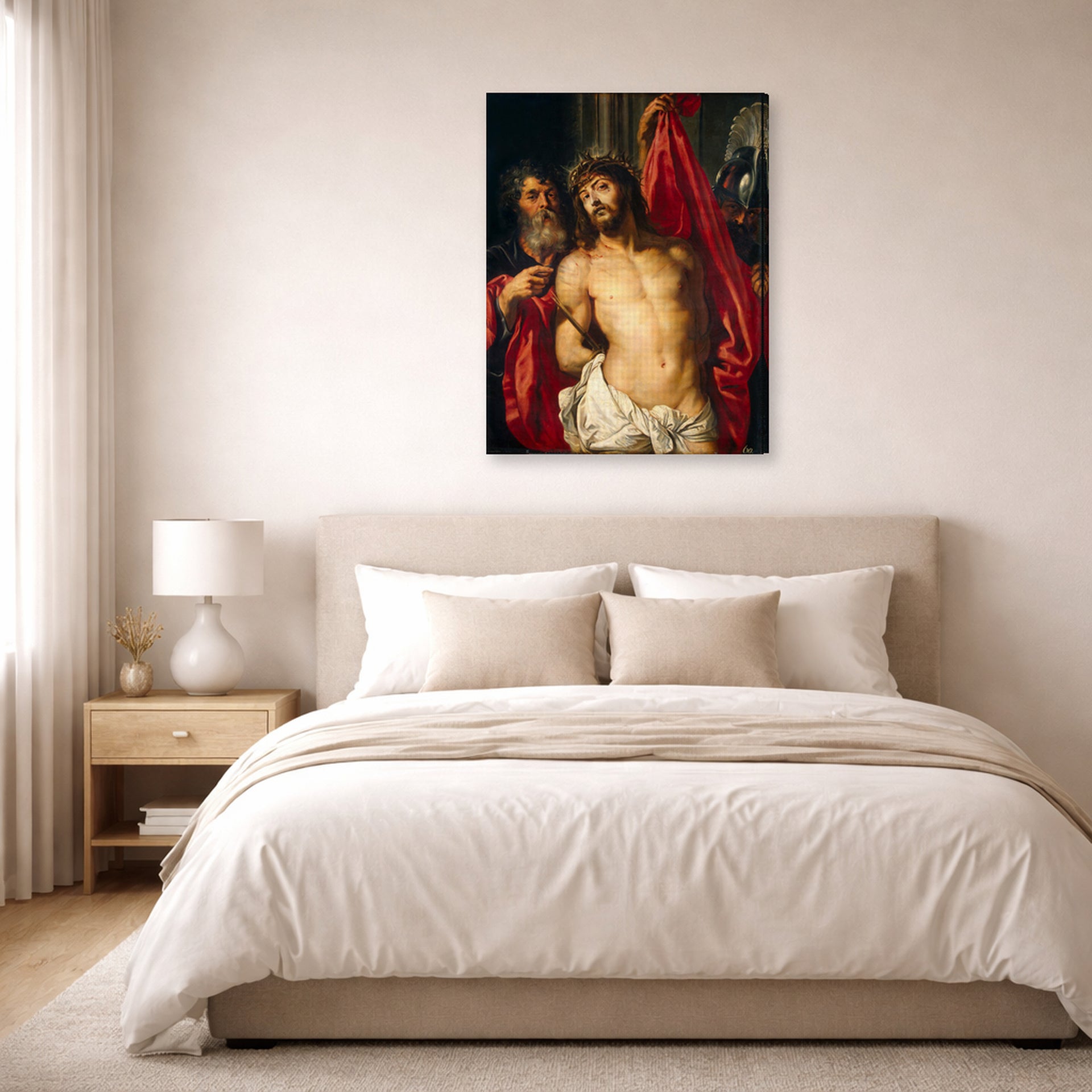 Gallery-wrapped canvas print of Peter Paul Rubens' 'Ecce Homo' displayed on a wall in a bedroom