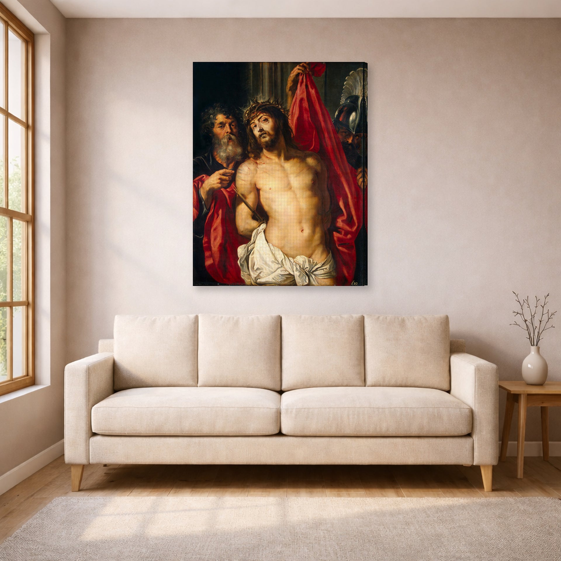 Gallery-wrapped canvas print of Peter Paul Rubens' 'Ecce Homo' displayed on a wall in a living room (image 1 of 2)